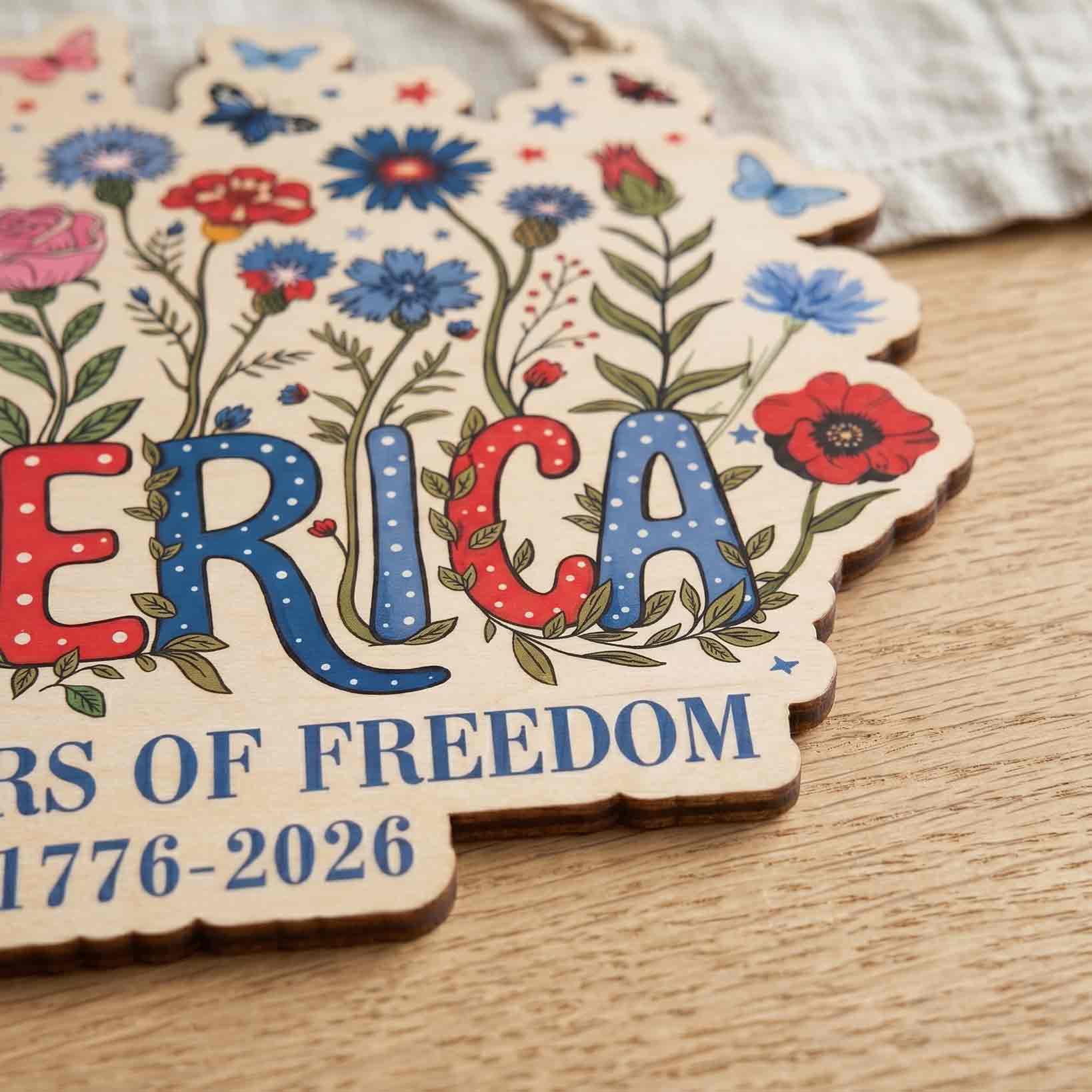 America 250 Years of Freedom Wooden Sign Patriotic Floral Decor