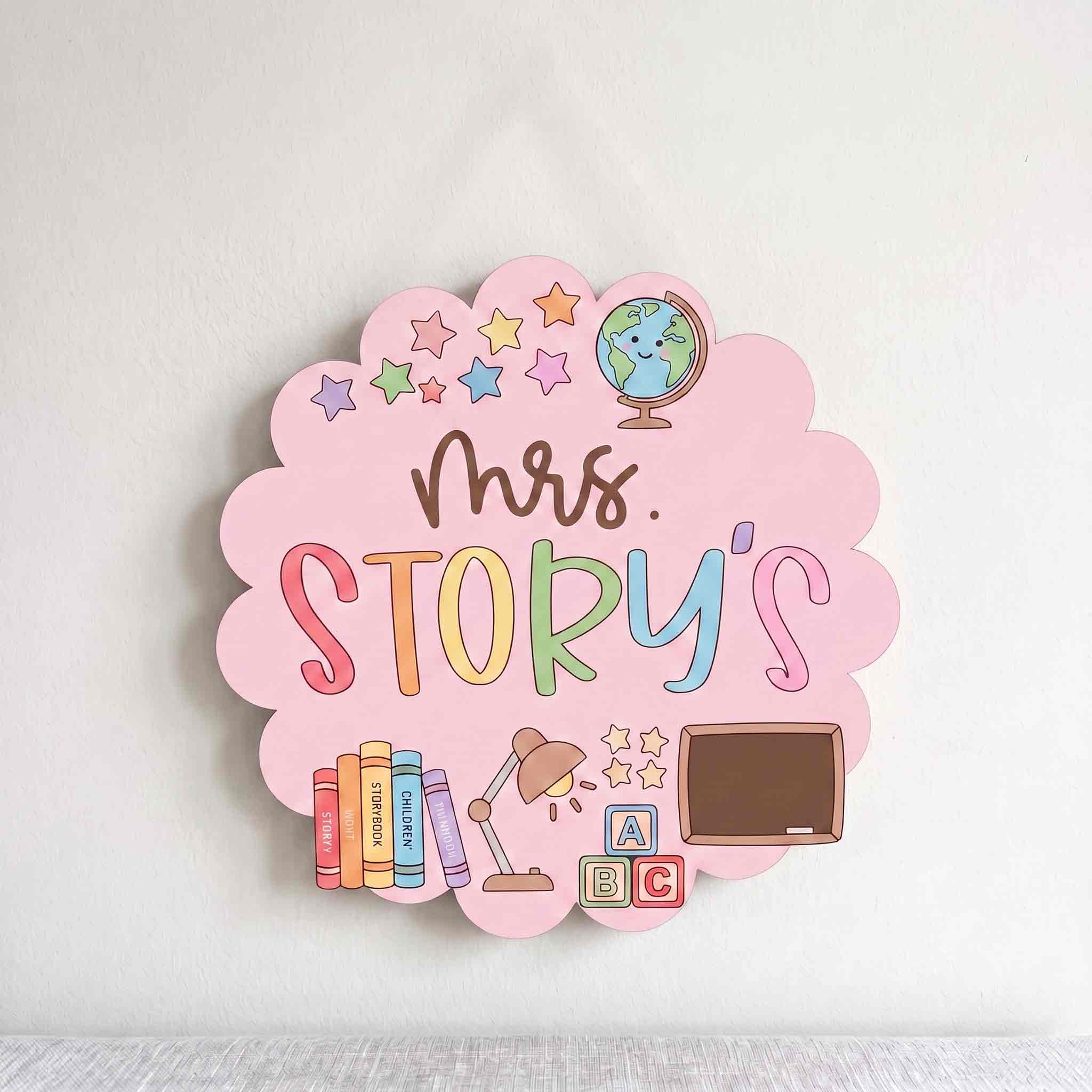 Personalized Pink Classroom Teacher Door Hanger Wooden Sign, Custom Teacher Name Welcome Sign