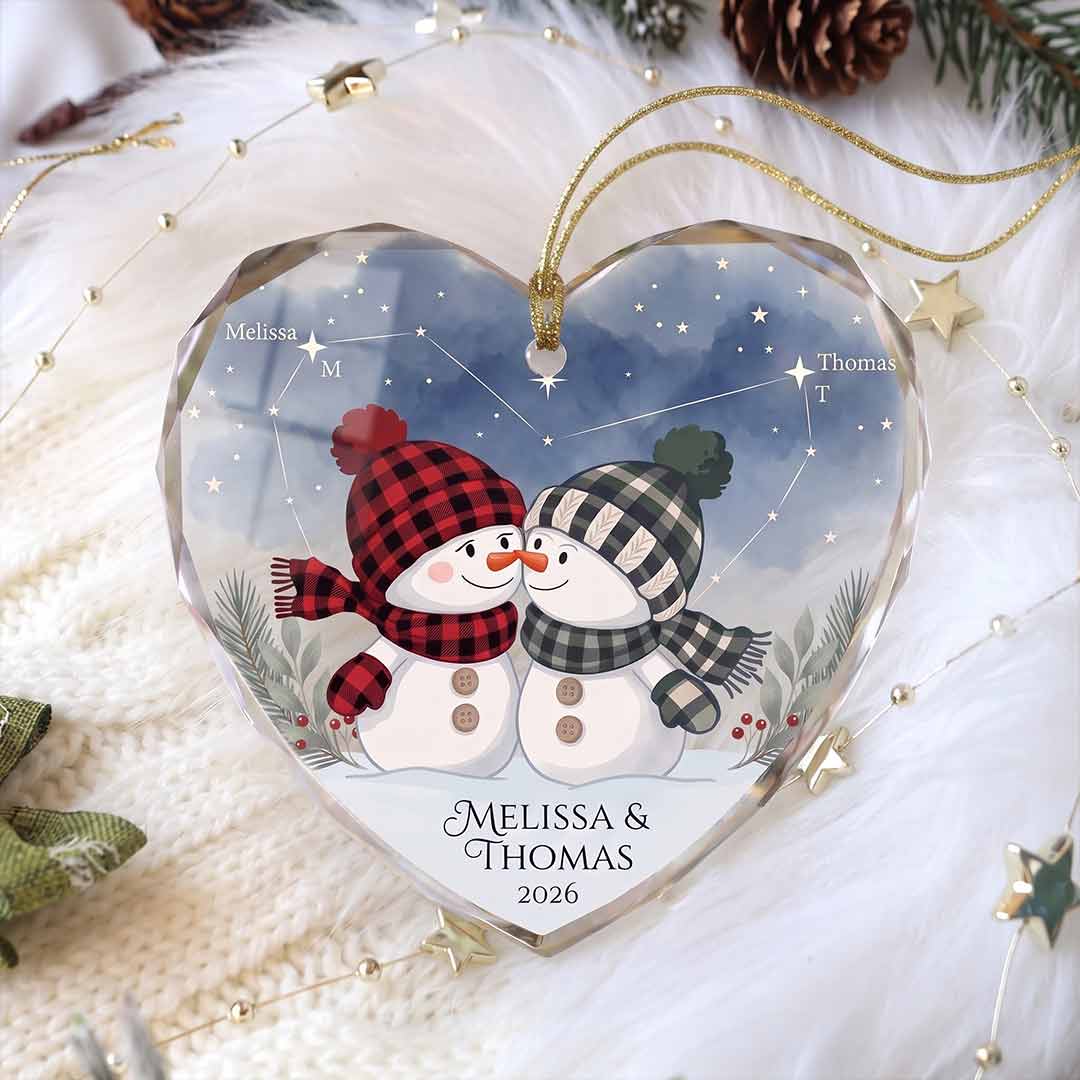 Starry Constellation Snowman Couple Personalized Couple Custom Name Date Christmas Gift Heart Glass Christmas Ornament