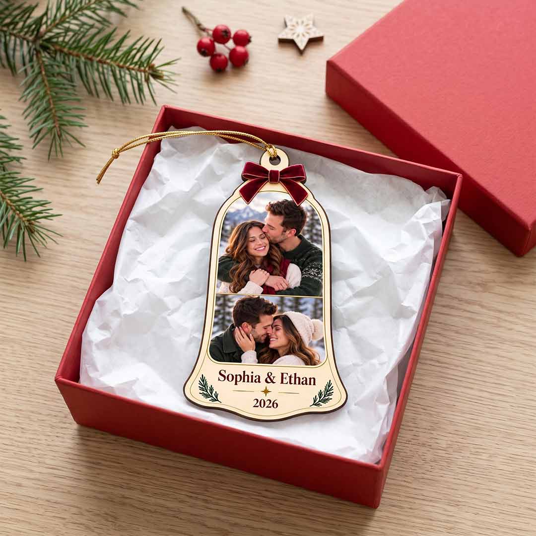Christmas Bell with Bow Couple 2026 Holiday Keepsake Personalized Custom Name Date Photo Couple 1-Layer Wooden Christmas Ornament for Couples Gift