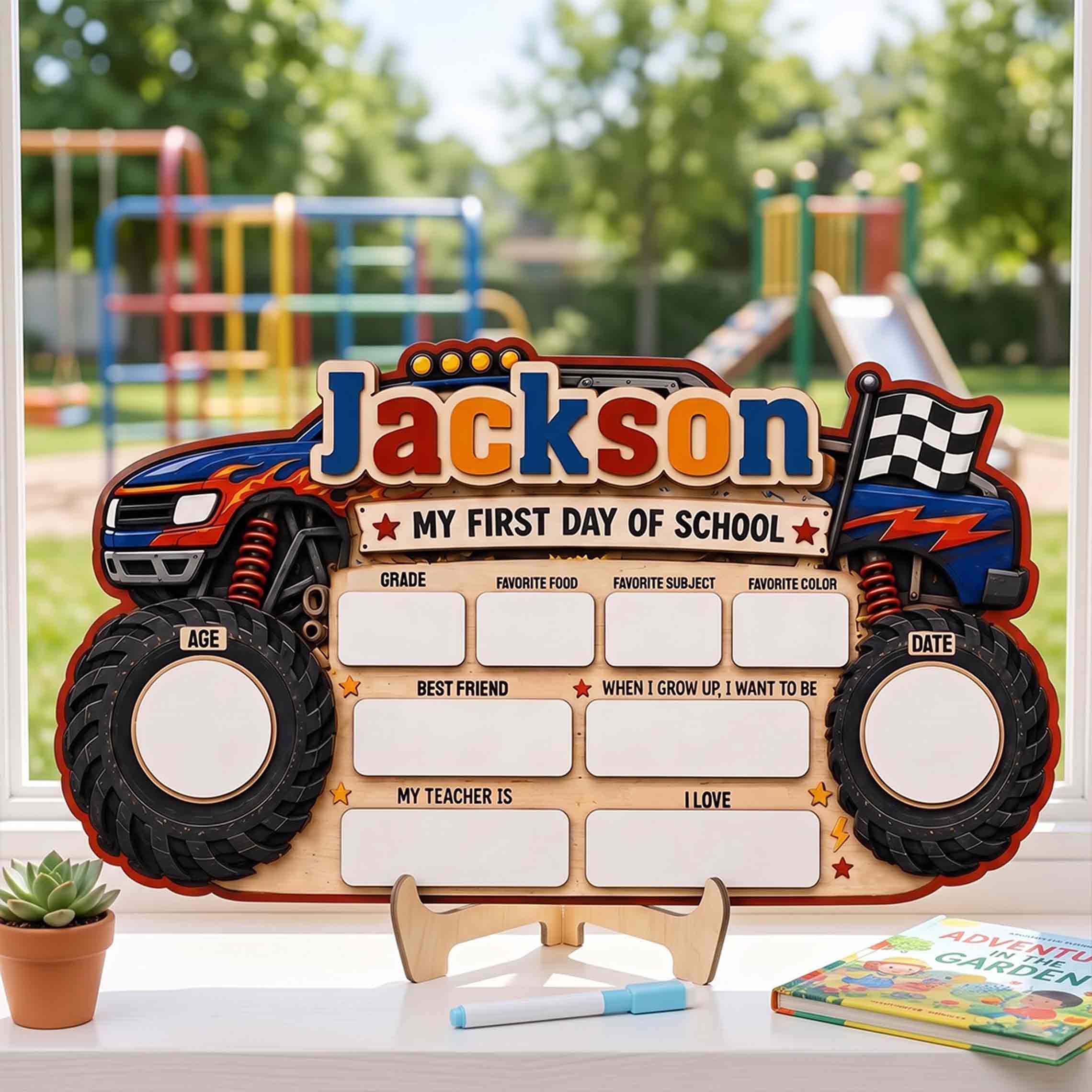 Personalized Monster Truck Theme First & Last Day School Sign, Reusable Dry Erase Board, Back to School Sign