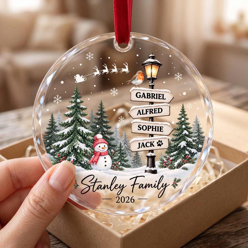 Winter Wonderland Family Personalized Family Custom Names Date Christmas Round Glass Ornament