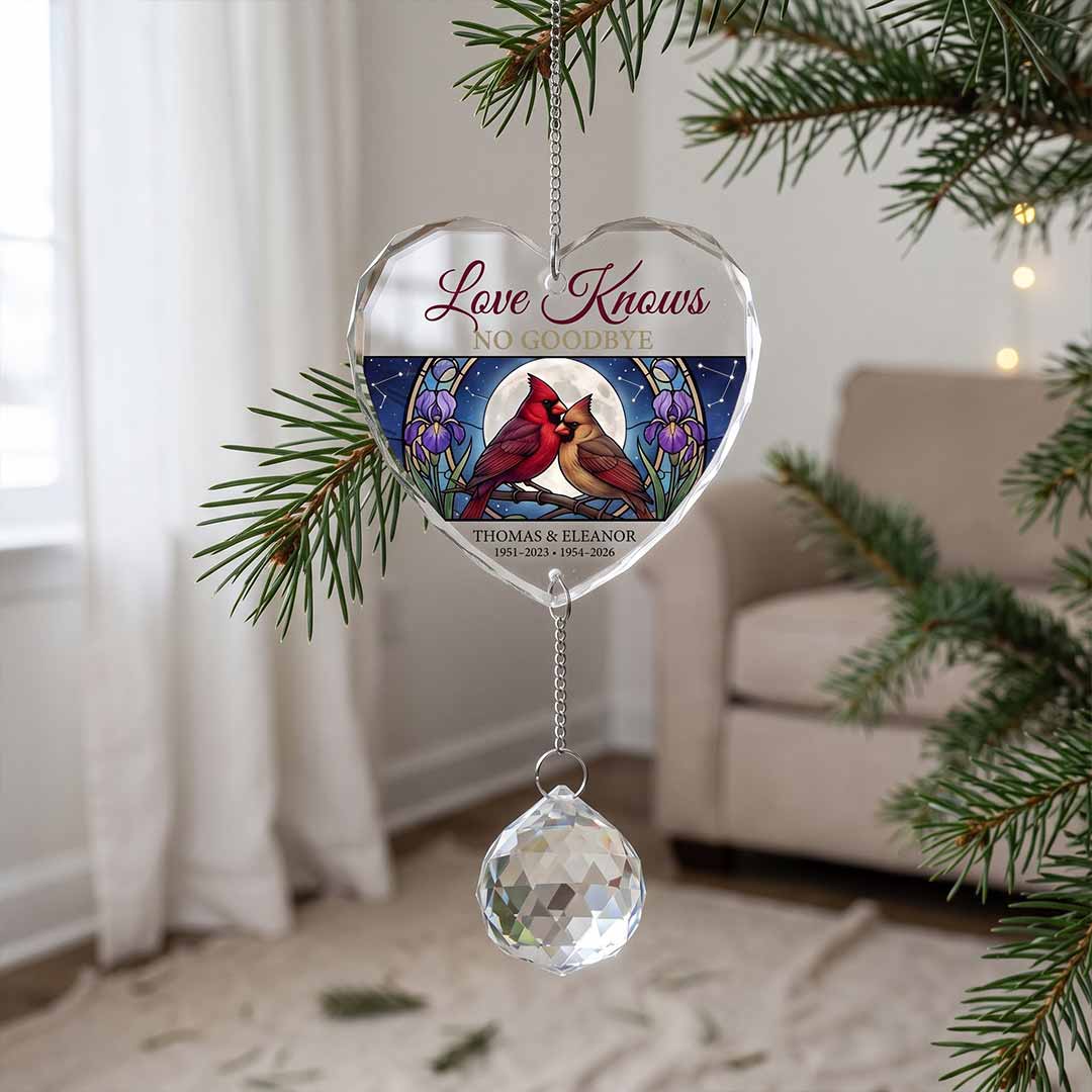 Love Knows No Goodbye Floral Cardinal Personalized Memorial Custom Name Date Loved One Sympathy Keepsake Heart Glass Christmas Ornament With Crystal Charm