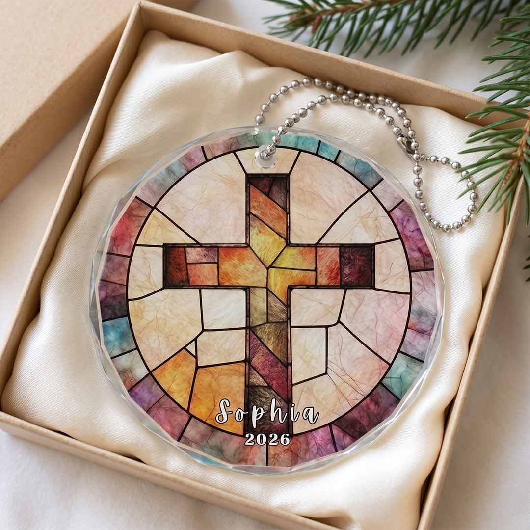 Christian Cross Religious Faith Personalized Custom Name Date Religious Keepsake Nativity Round Glass Christmas Ornament
