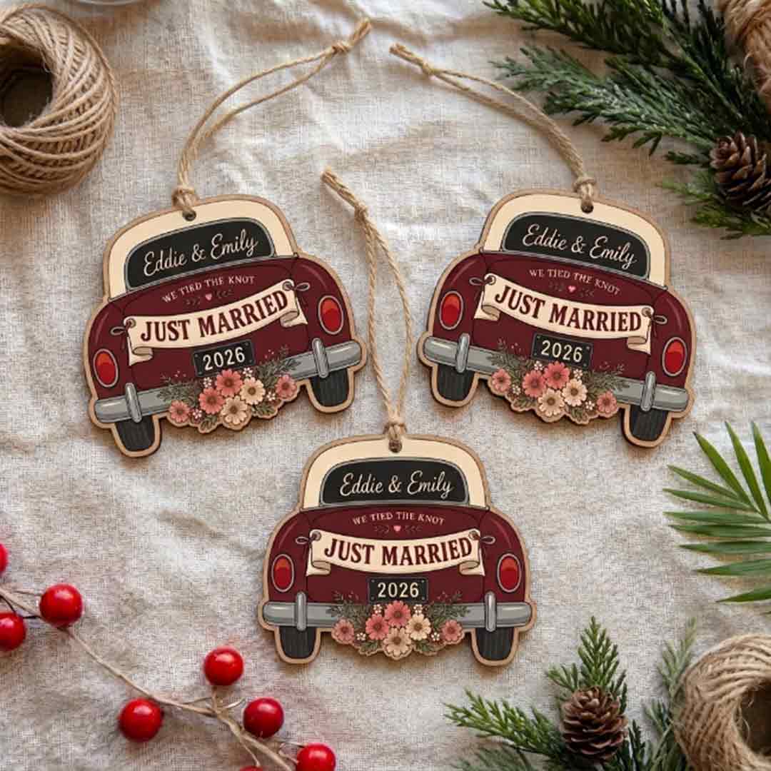 Just Married Wedding Car Newlywed Keepsake Personalized Custom Name Date First Wedding 1-Layer Wooden Christmas Ornament for Newlyweds