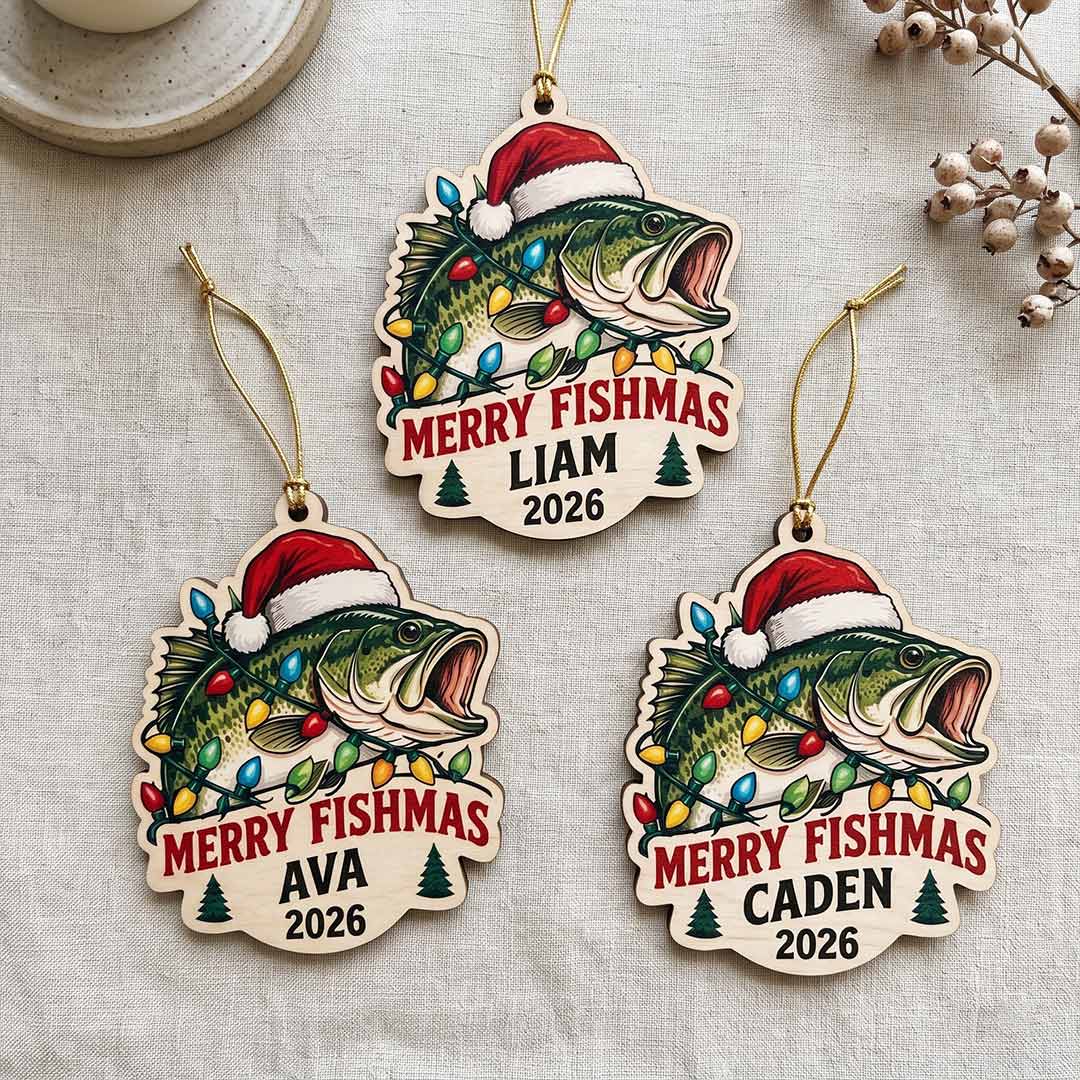 Merry Fishmas Christmas Lights Fisherman Holiday Keepsake Personalized Custom Name Date Fishing 1-Layer Wooden Christmas Ornament for Fishing Lovers
