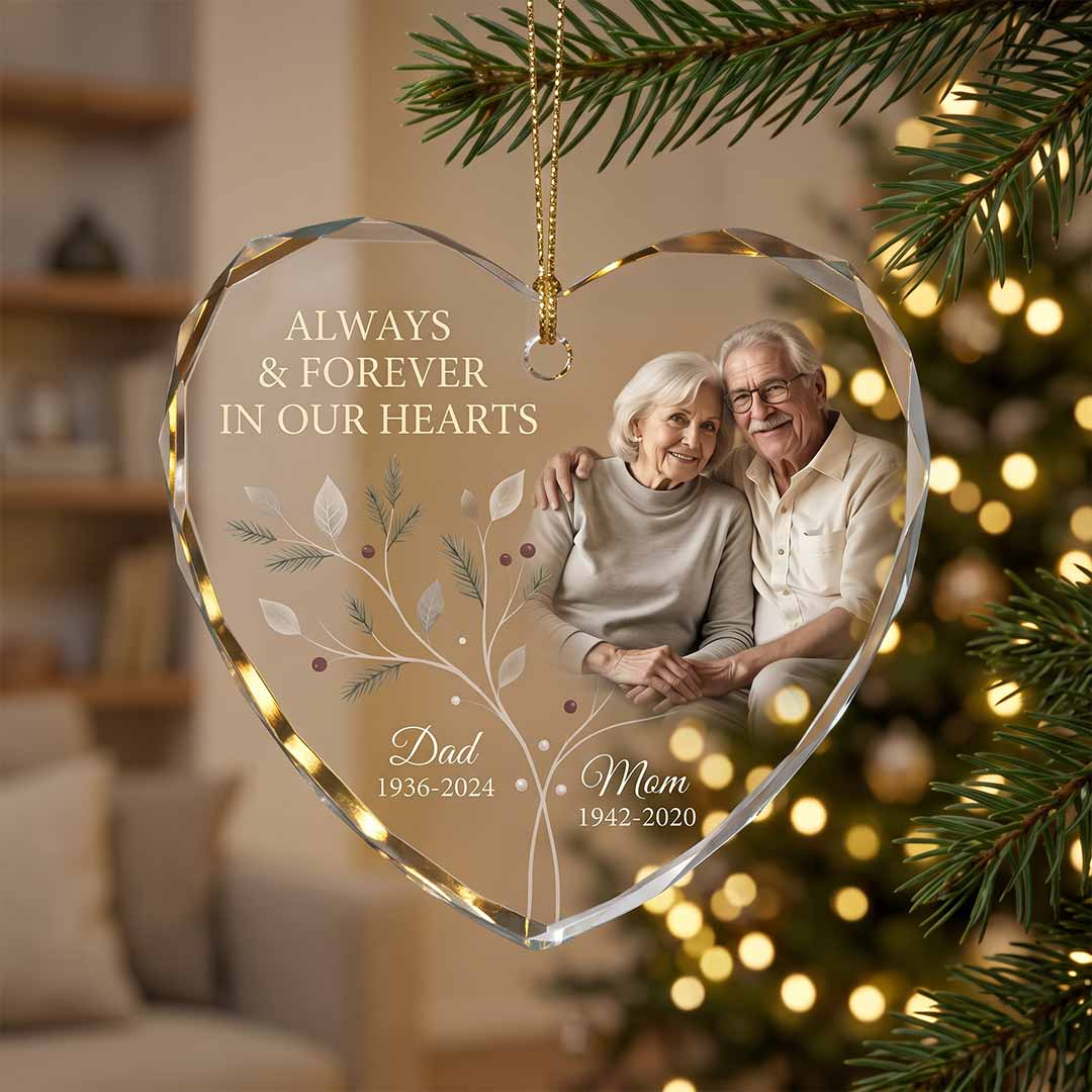 Always And Forever Mom And Dad Personalized Memorial Custom Name Date Photo Parents Sympathy Gift Heart Glass Christmas Ornament