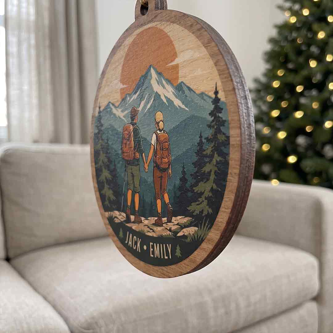 Hiking Couple Mountain Adventure Outdoor Keepsake Personalized Custom Name Adventure Couple 1-Layer Wooden Christmas Ornament for Hiking Partners Gift