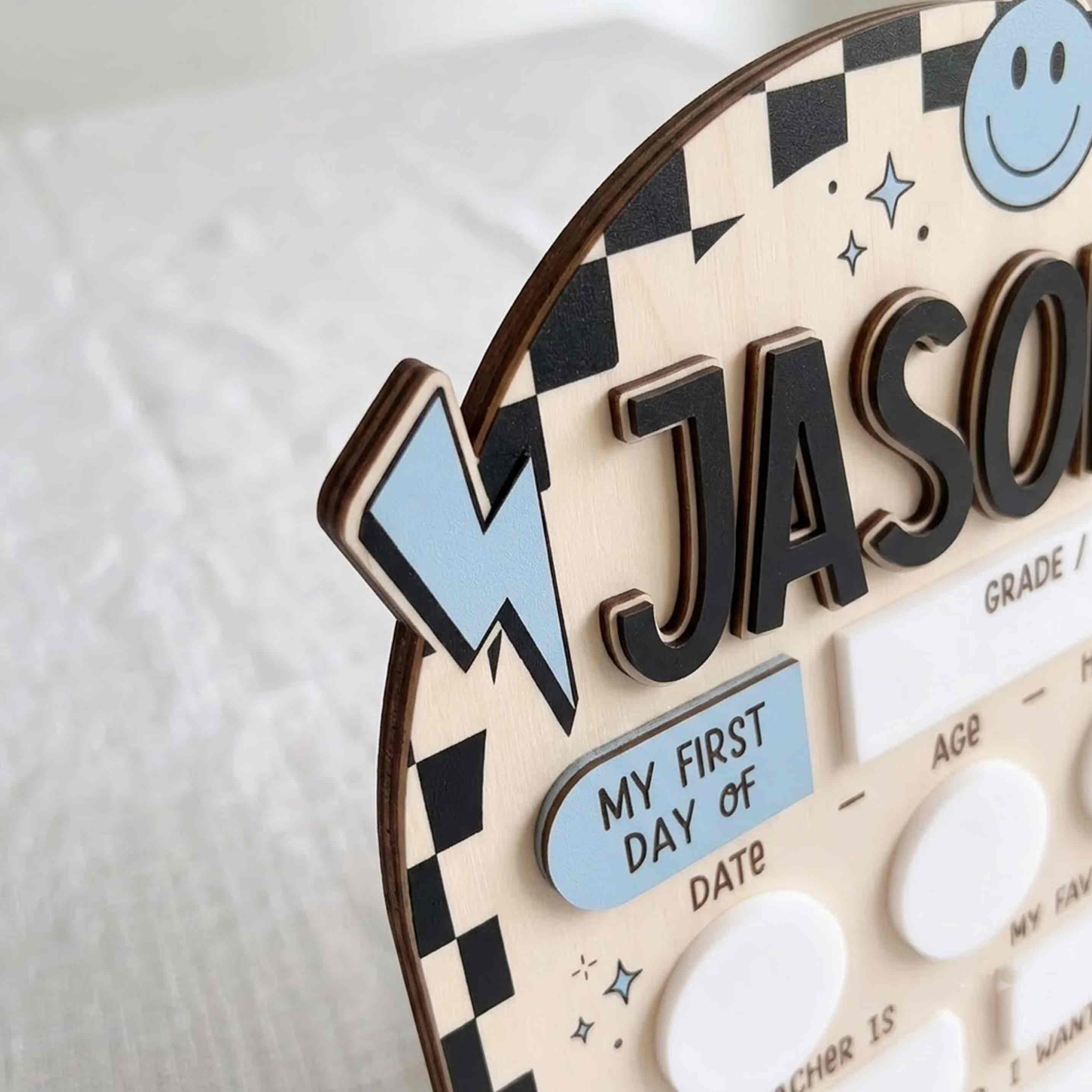 Personalized Blue Black Checkerboard First & Last Day School Sign, Reusable Dry Erase Board, Back to School Sign