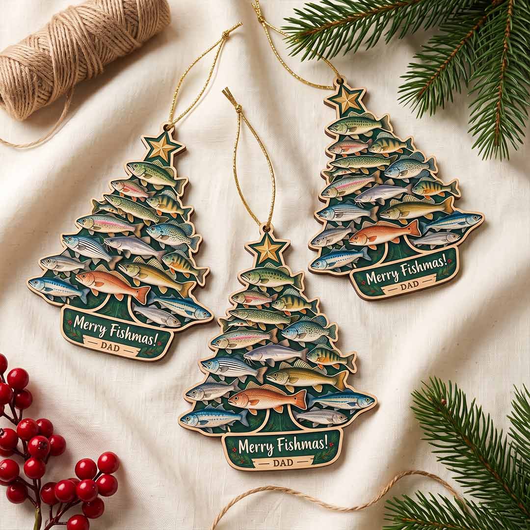 Merry Fishmas Fishing Tree Holiday Keepsake Personalized Custom Name Fishing 1-Layer Wooden Christmas Ornament for Fishing Lovers