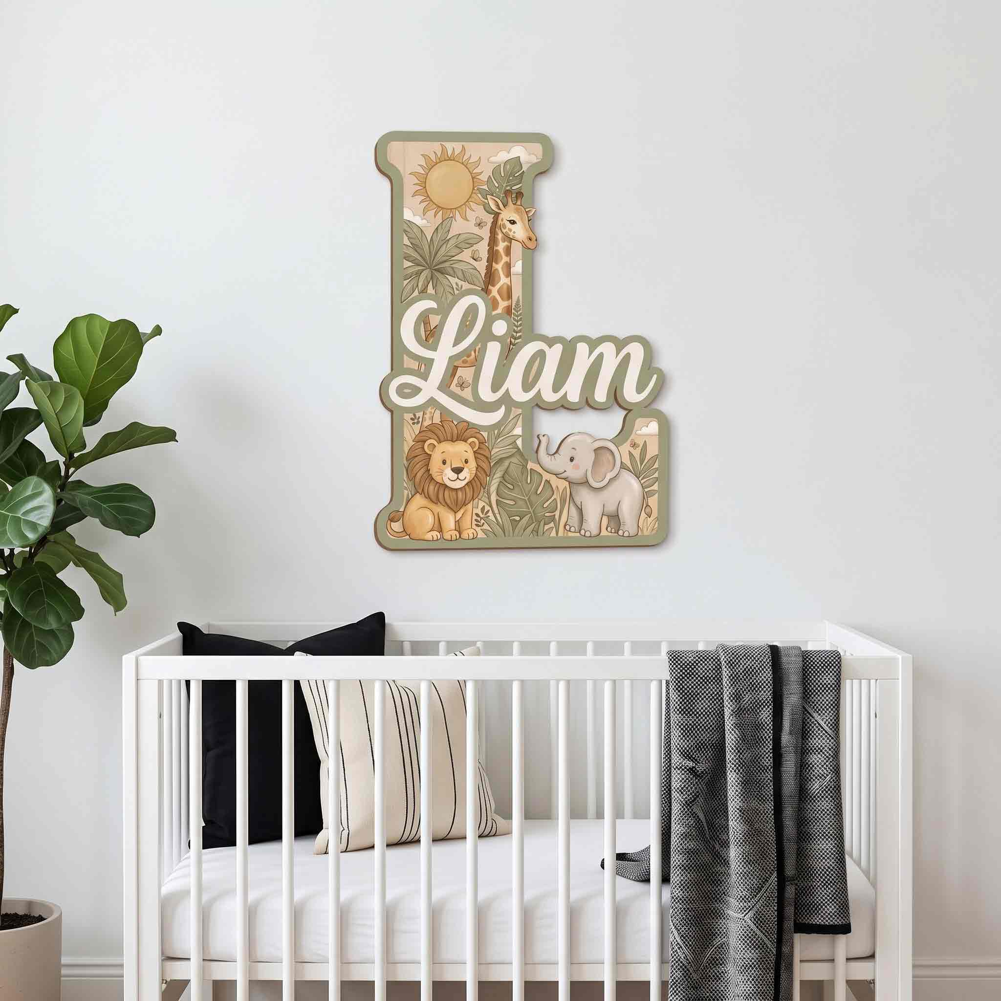Personalized Safari Animals Nursery Name Sign Wooden Baby Room Decor