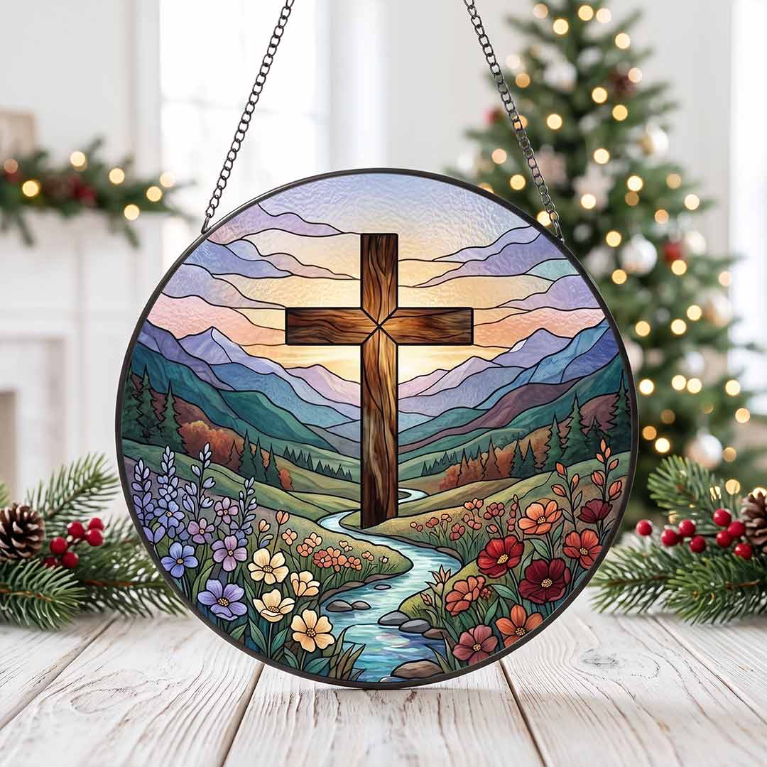 Mountain Cross Wildflower Landscape Faith Hope Spiritual Nativity Stained Glass Suncatcher Christmas Ornament