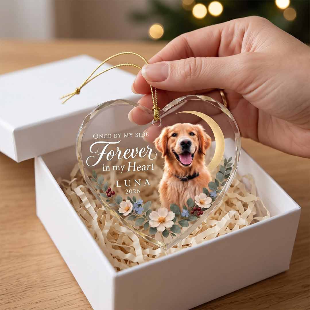 Pet Memorial Crescent Moon Floral Personalized Pet Custom Name Date Photo Pet Loss Gift Heart Glass Christmas Ornament