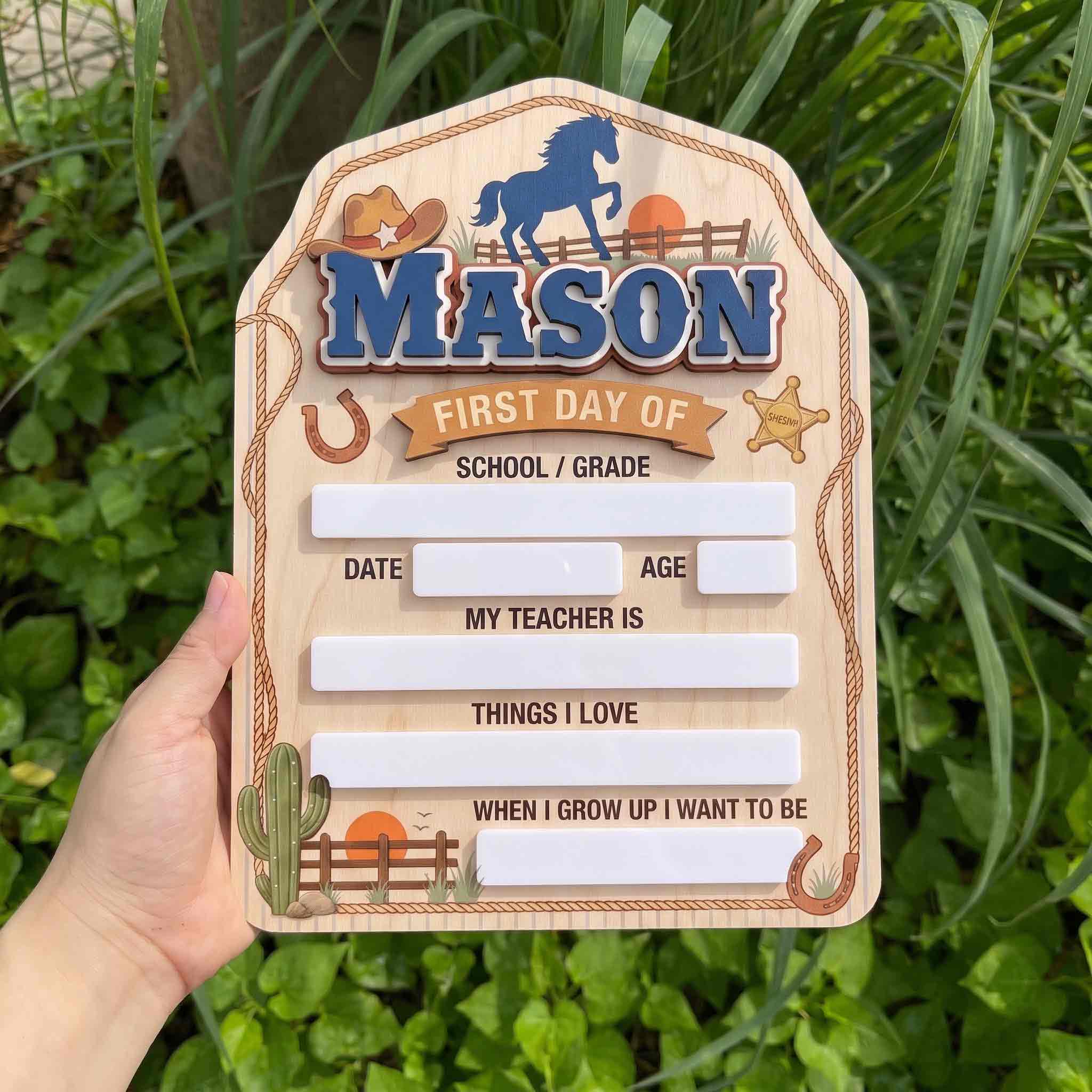 Personalized Western Cowboy Theme First & Last Day School Sign, Reusable Dry Erase Board, Back to School Sign