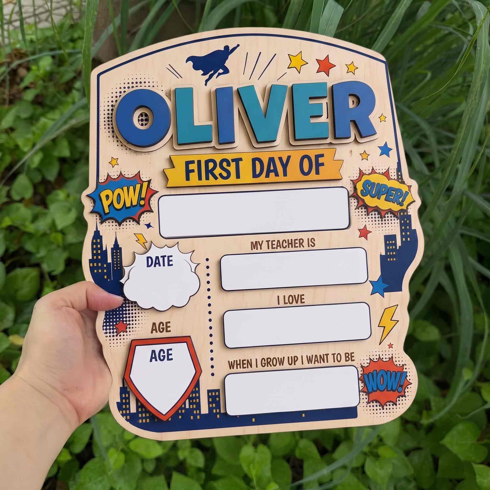Personalized Superhero City Theme First & Last Day School Sign, Reusable Dry Erase Board, Back to School Sign