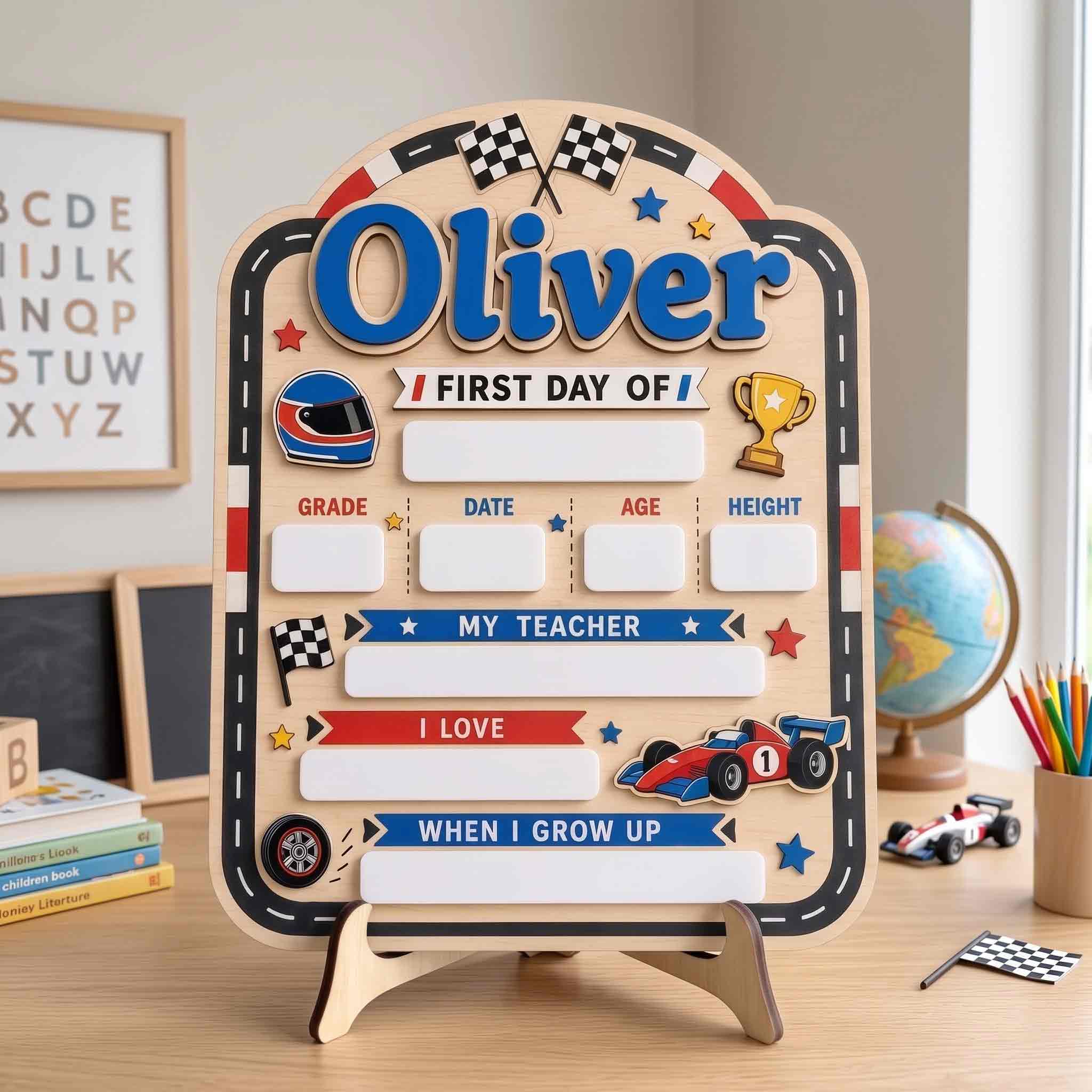 Personalized Race Track Adventure First & Last Day School Sign, Reusable Dry Erase Board, Back to School Sign