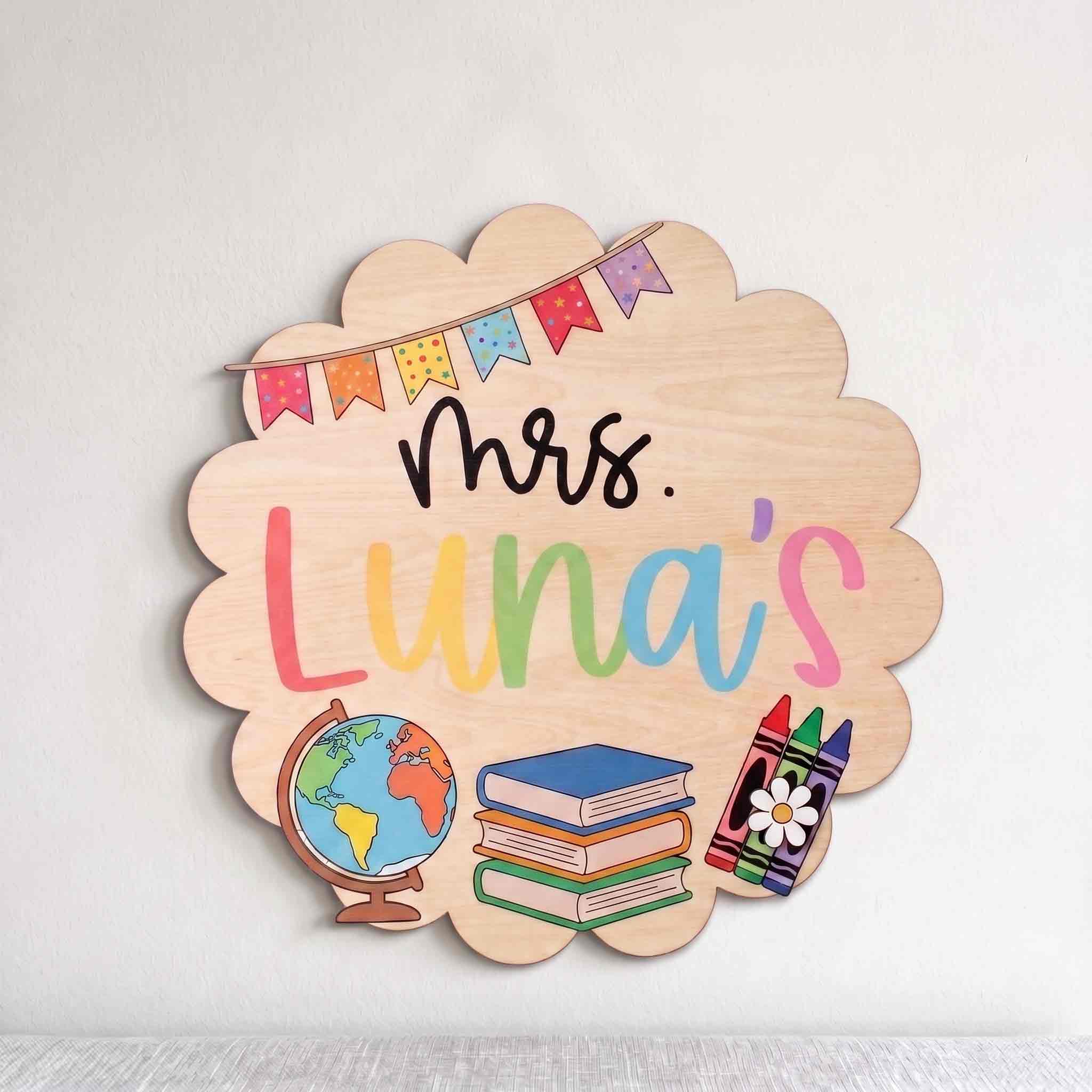 Personalized Elementary Teacher Classroom Wooden Sign, Custom Welcome Door Hanger with Books & Crayons, Back to School Decor