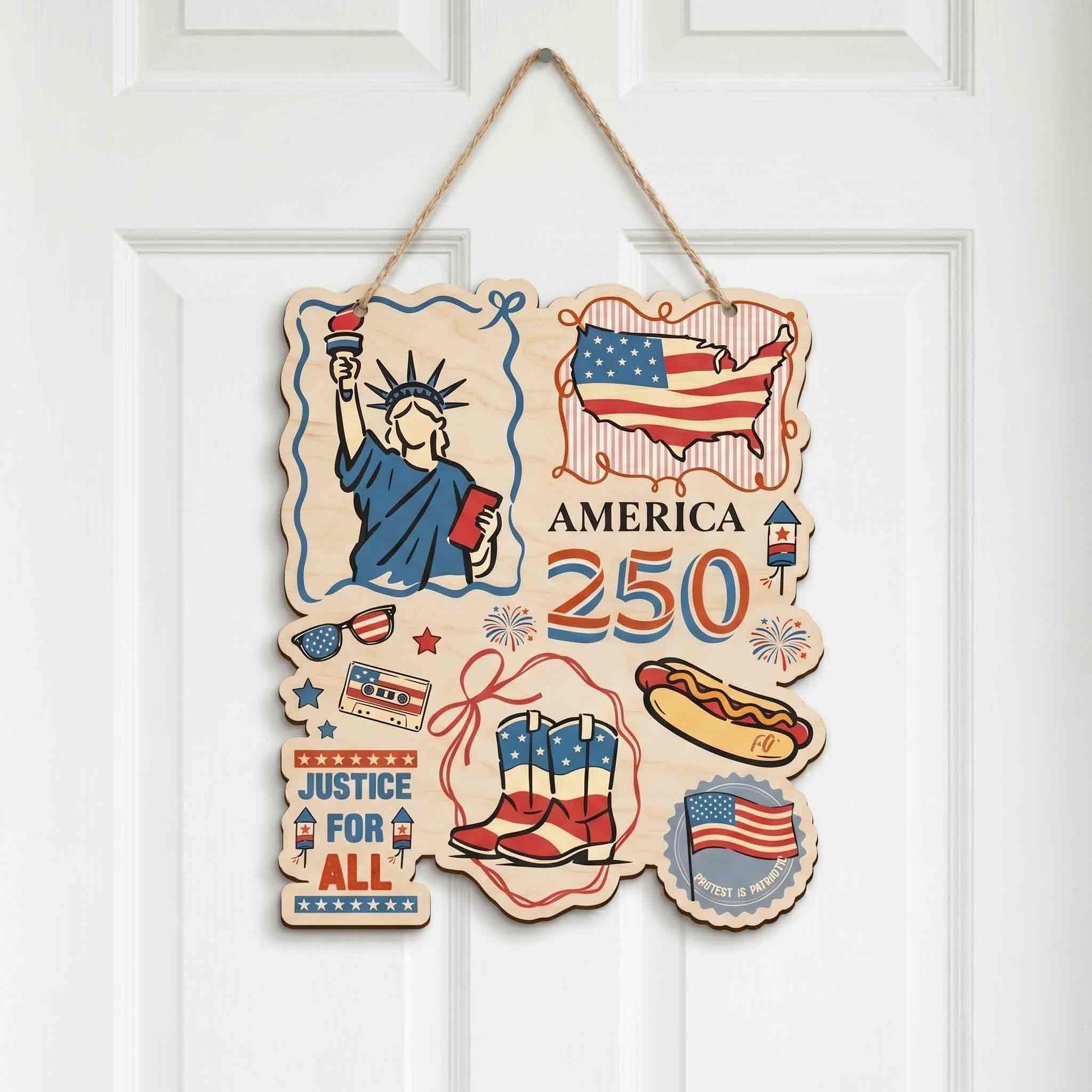 America 250 Statue of Liberty Justice for All Doodle Wooden Sign