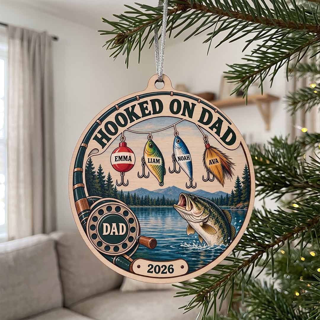 Hooked On Dad Family Fishing Father Keepsake Personalized Custom Name Date Fishing 1-Layer Wooden Christmas Ornament for Dad Gift