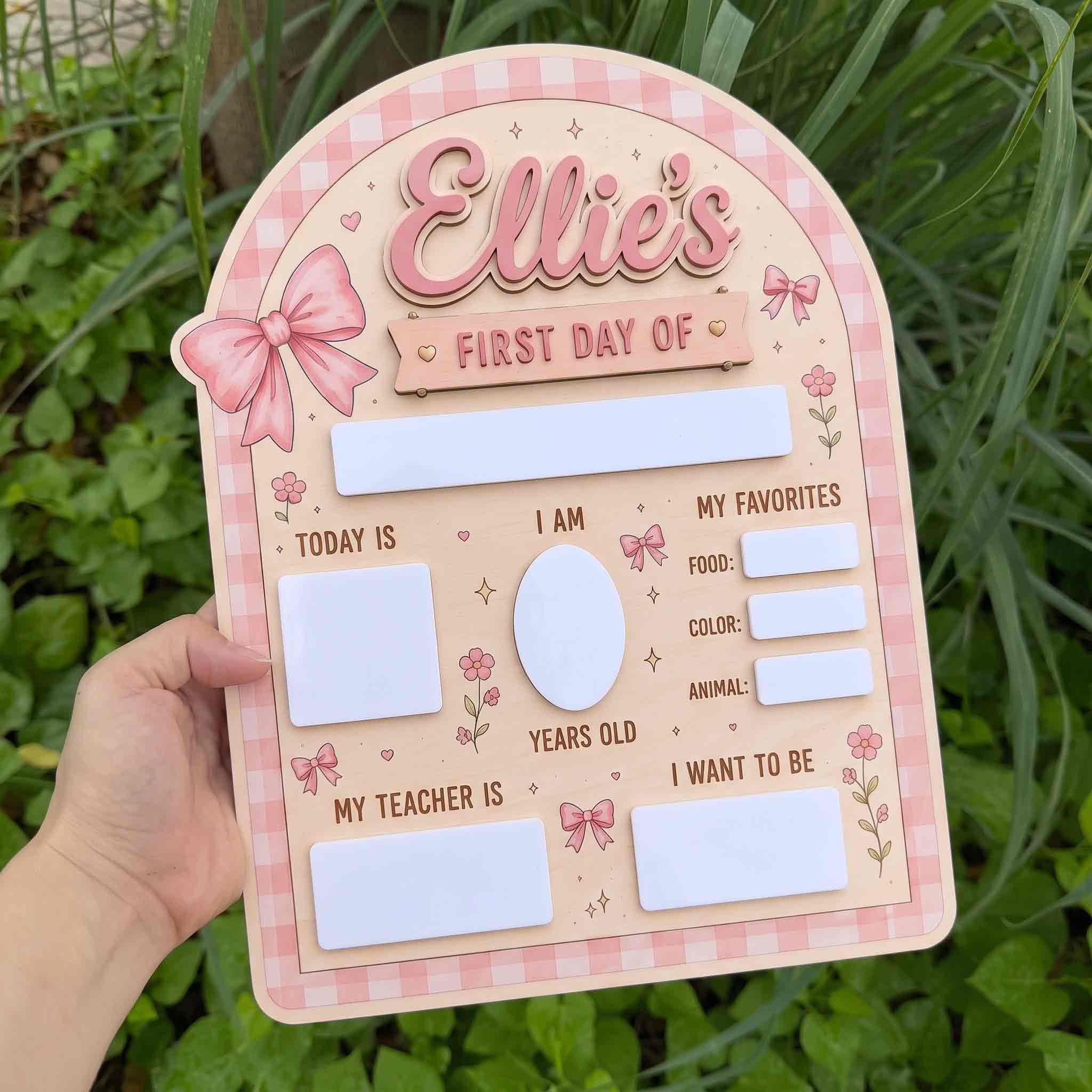 Personalized Pink Gingham Style First & Last Day School Sign, Reusable Dry Erase Board, Back to School Sign