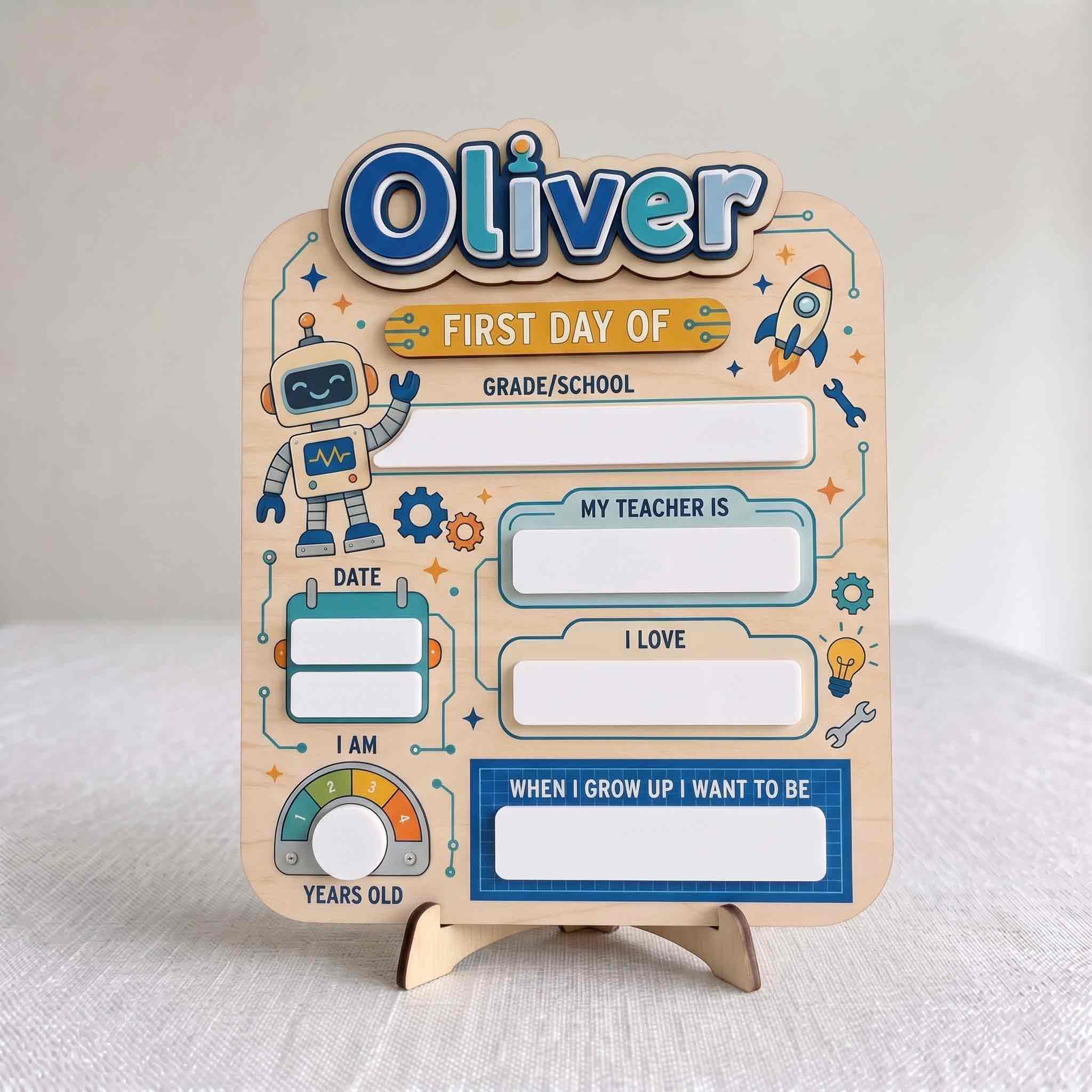 Personalized Robot Rocket Theme First & Last Day School Sign, Reusable Dry Erase Board, Back to School Sign