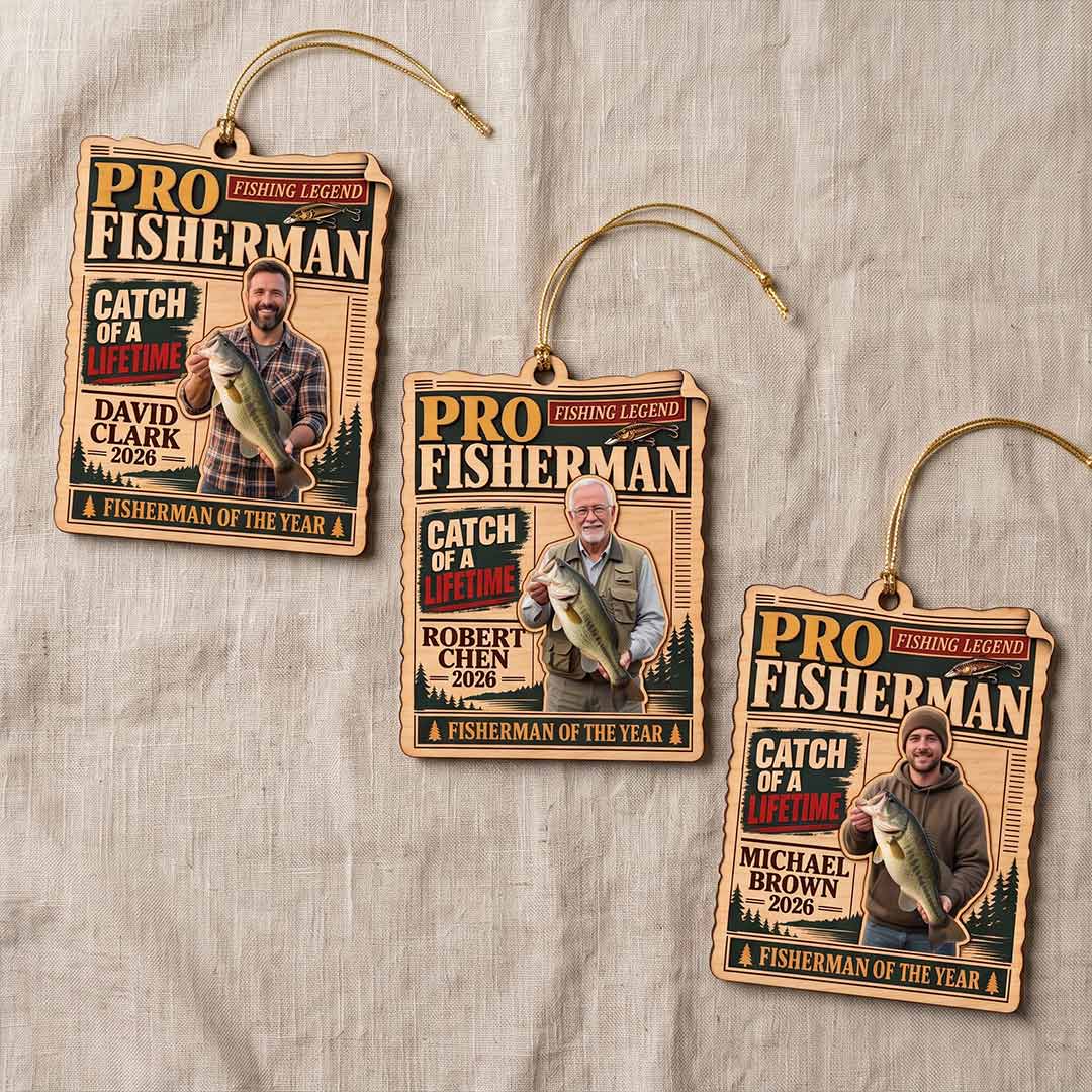 Fisherman Magazine Cover Fishing Keepsake Personalized Custom Name Date Photo Fishing 1-Layer Wooden Christmas Ornament for Dad Fishing Lovers Gift