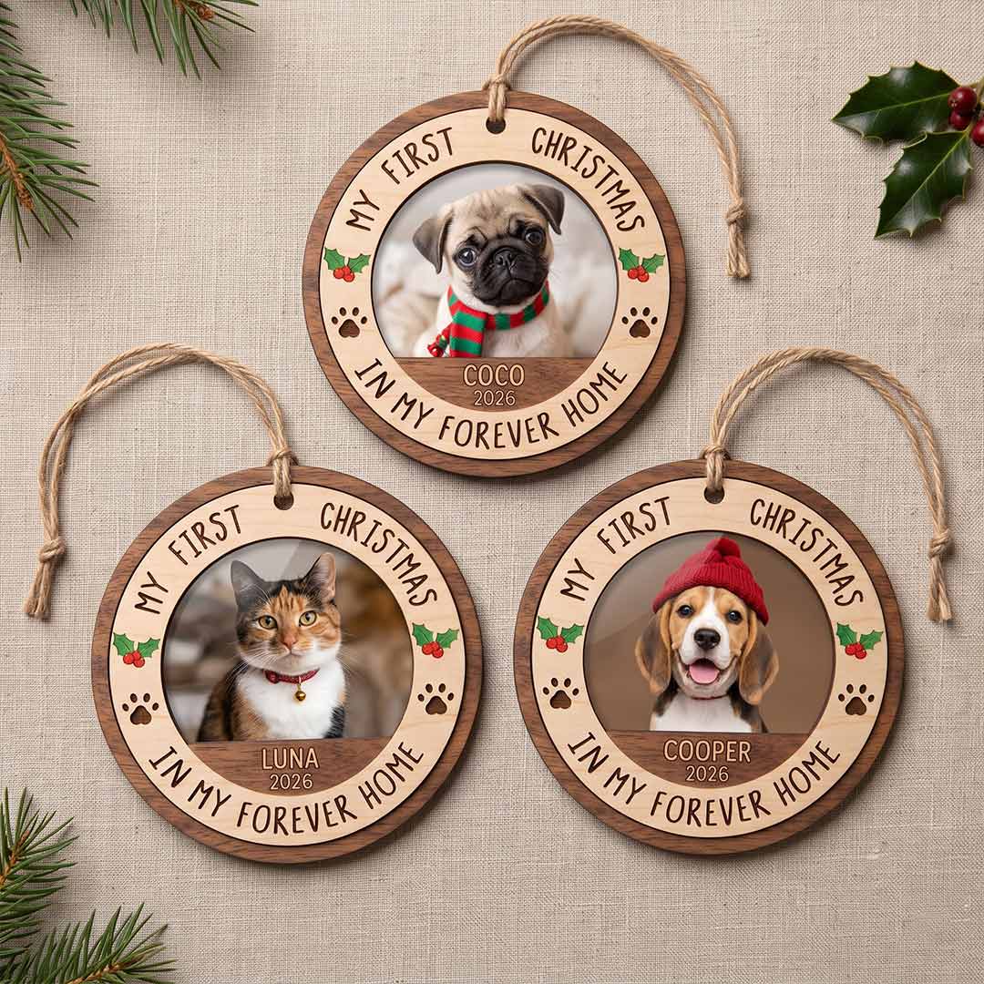 Dog First Christmas Forever Home Puppy Keepsake Personalized Custom Name Date Dog  1-Layer Wooden Christmas Ornament for Dog Lovers Gift