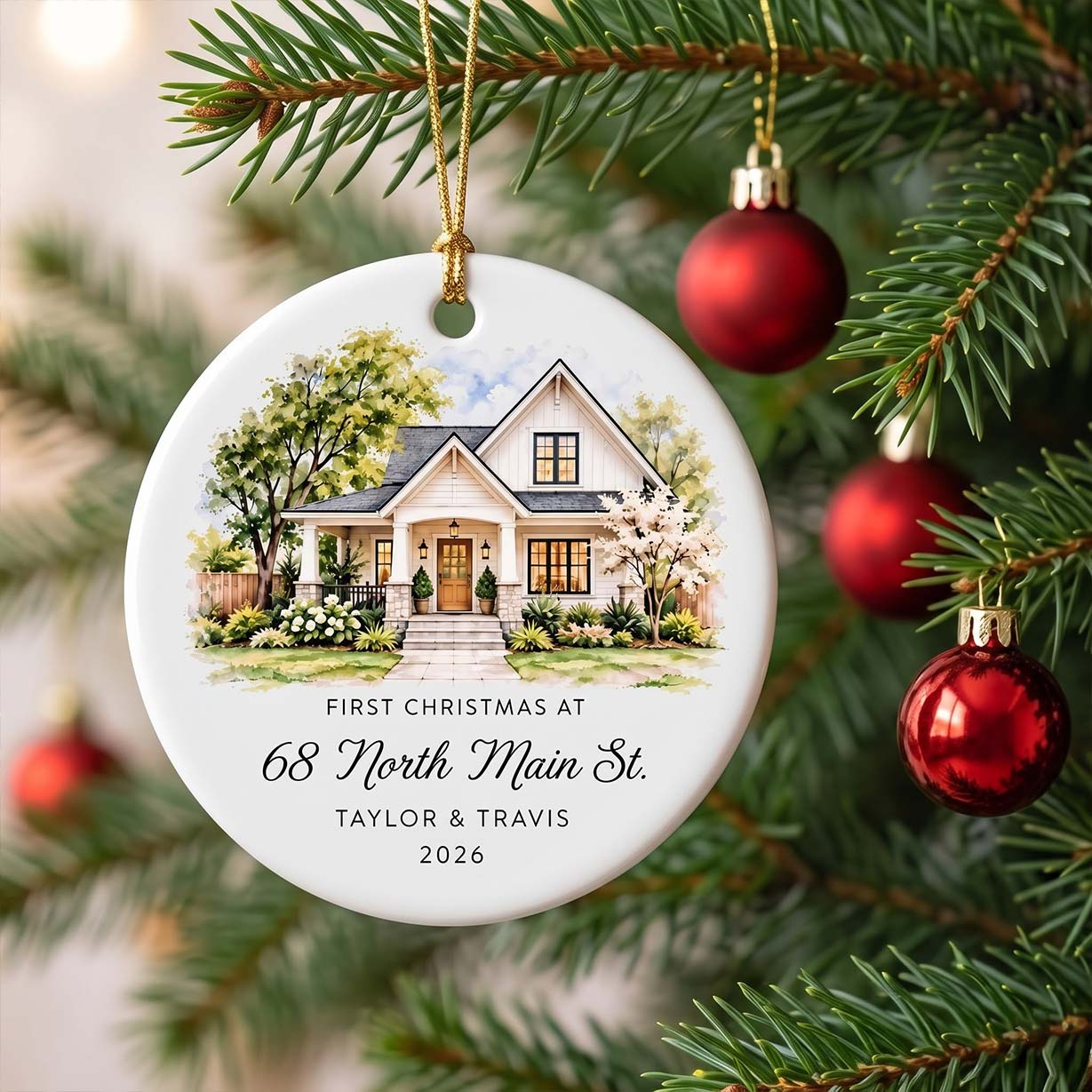 First Christmas in New Home Custom Name Address Photo New Home Round Ceramic Christmas Ornament New Home Keepsake Gift