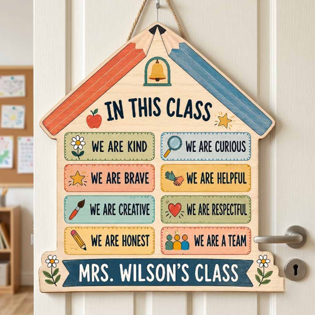 Personalized Teacher Name Wooden Sign Door Hanger Composition Book Classroom Rules Wooden Classroom Decor, Back to School Sign