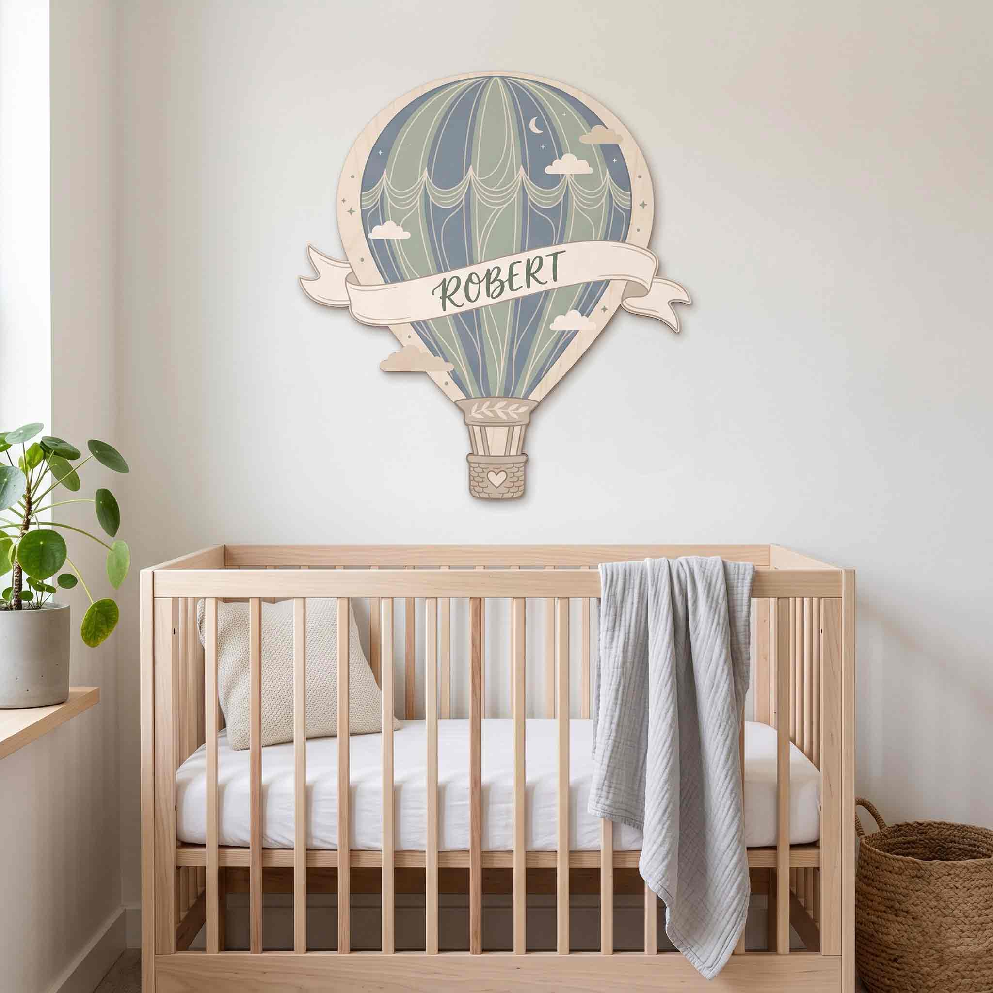 Personalized Retro Hot Air Balloon Nursery Name Sign Wooden Baby Room Decor
