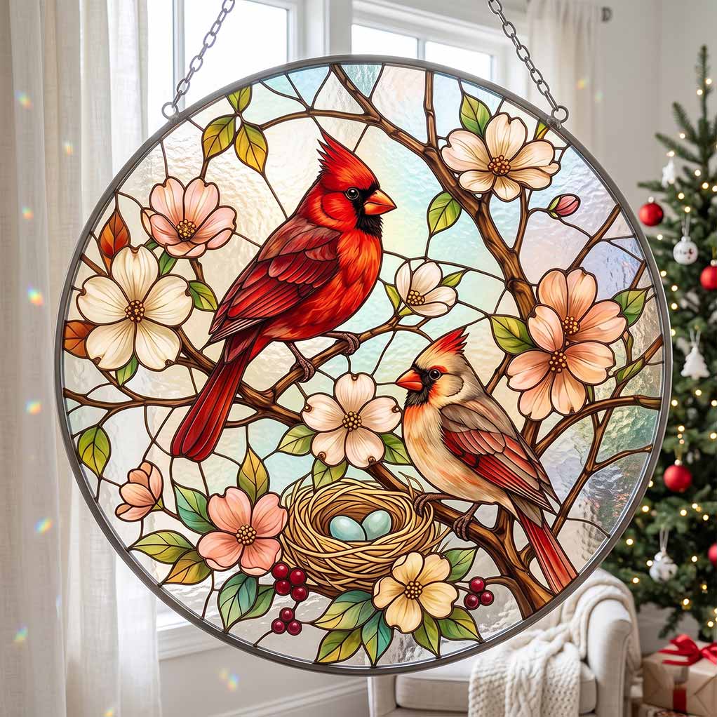 Cardinal Couple Nest Floral Bird Lover Gift Nature Window Decor Couple Stained Glass Suncatcher Christmas Ornament