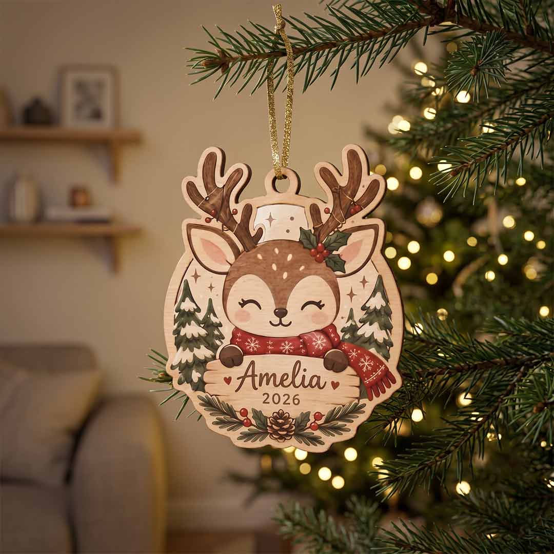 Cute Christmas Reindeer Kids Keepsake Personalized Custom Name Date NewBorn 1-Layer Wooden Christmas Ornament for Children Gift