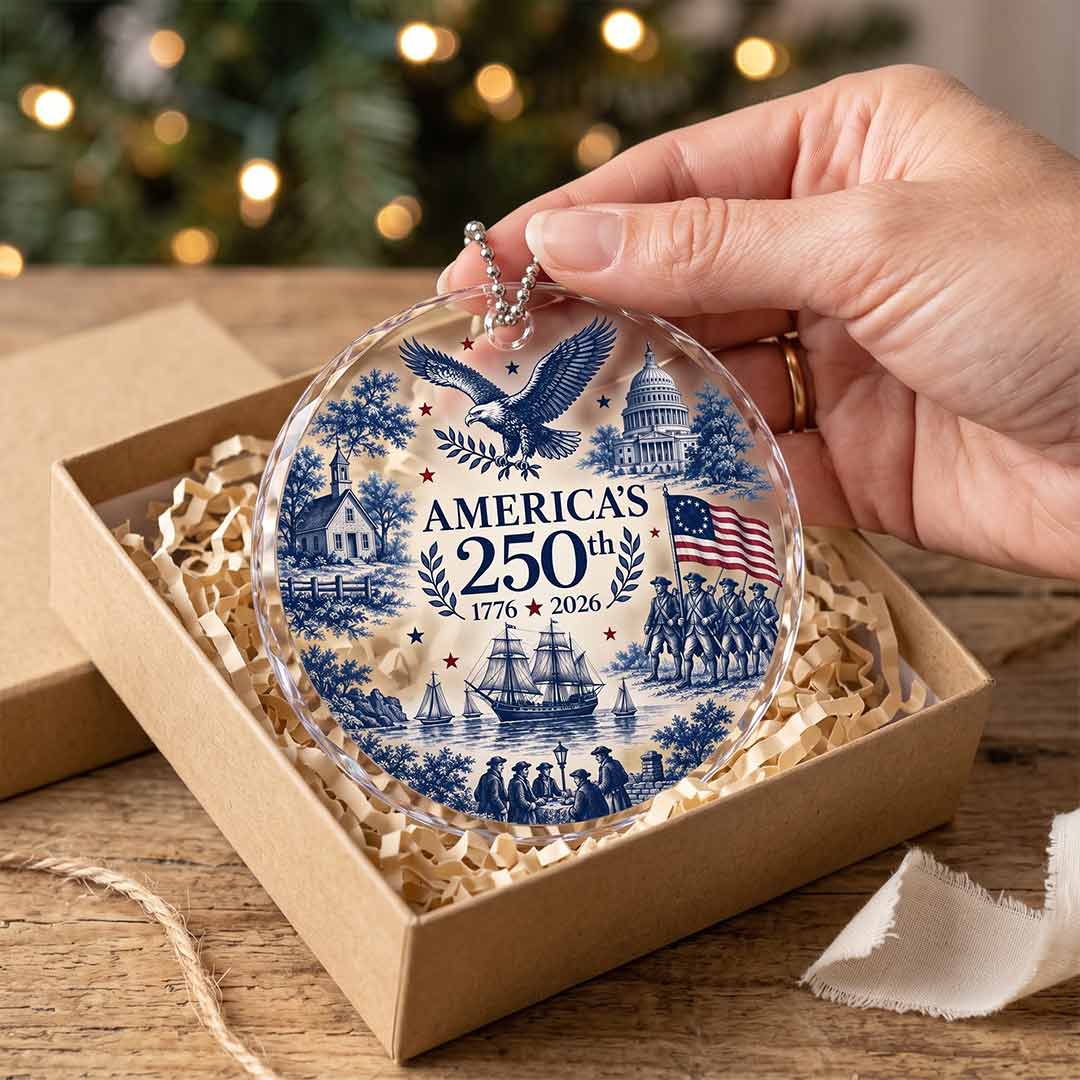 America's 250th Eagle Capitol Colonial Voyage Patriotic Keepsake Round Glass Christmas Ornament for American Families