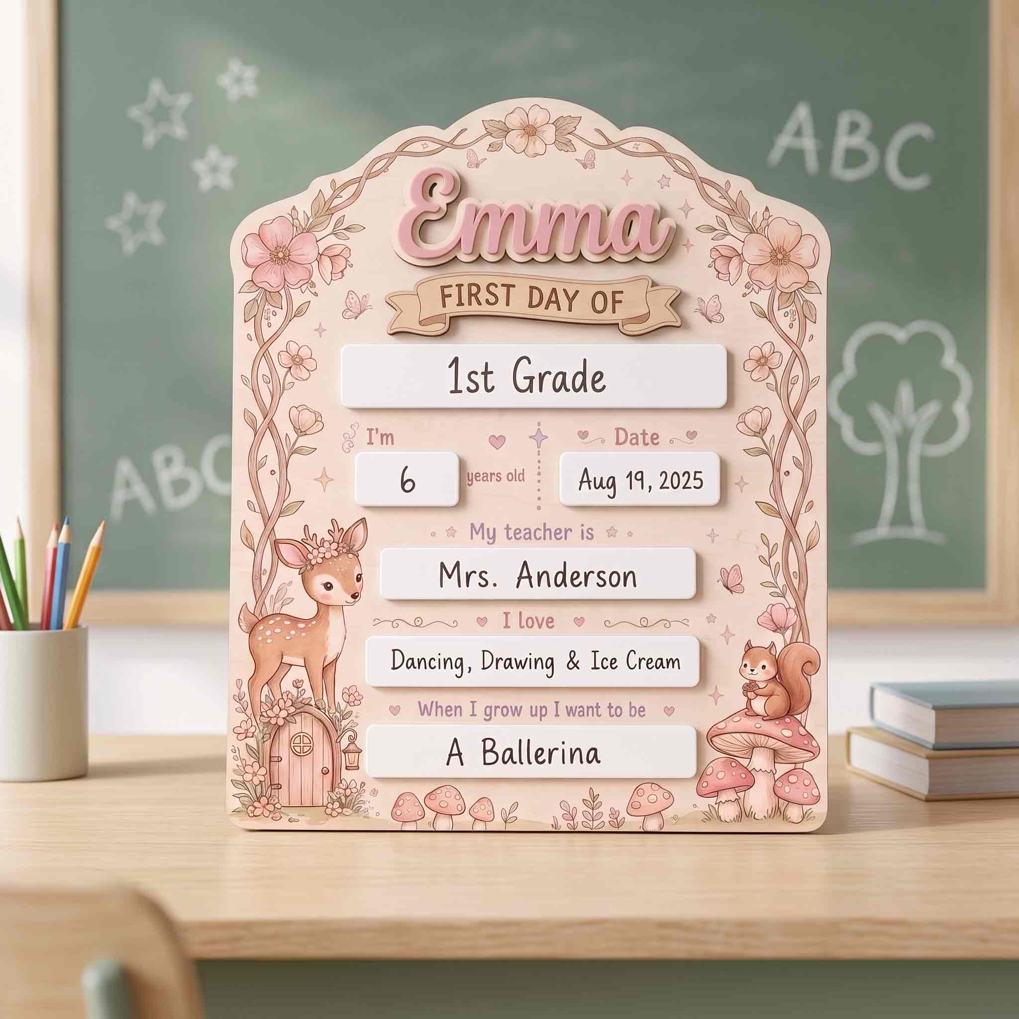Personalized Coquette Woodland First Day School Board, Reusable Dry Erase Board, Back to School Sign