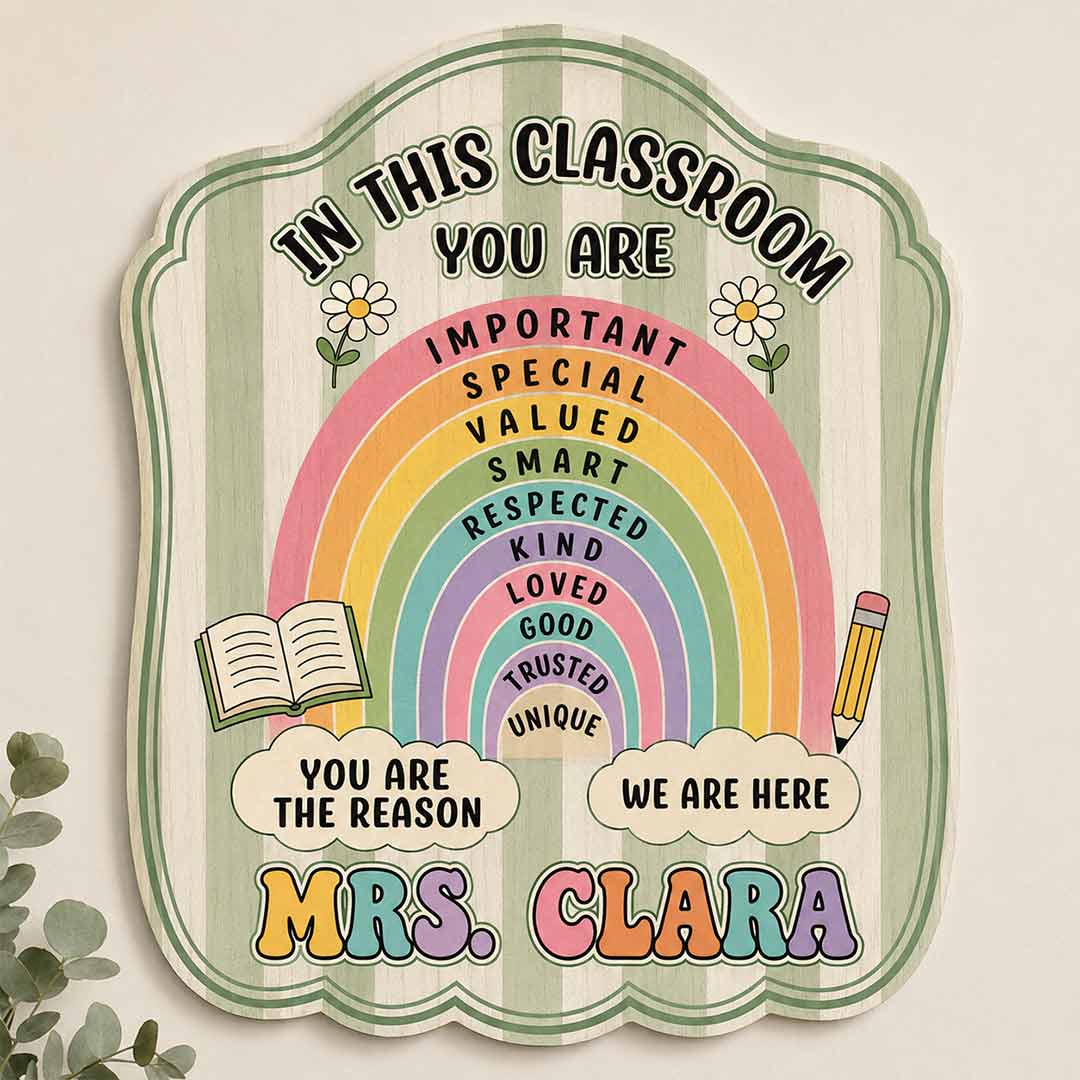 Personalized Teacher Name Wooden Sign Door Hanger Boho Rainbow Classroom Sign Wooden Classroom Decor, Back to School Sign
