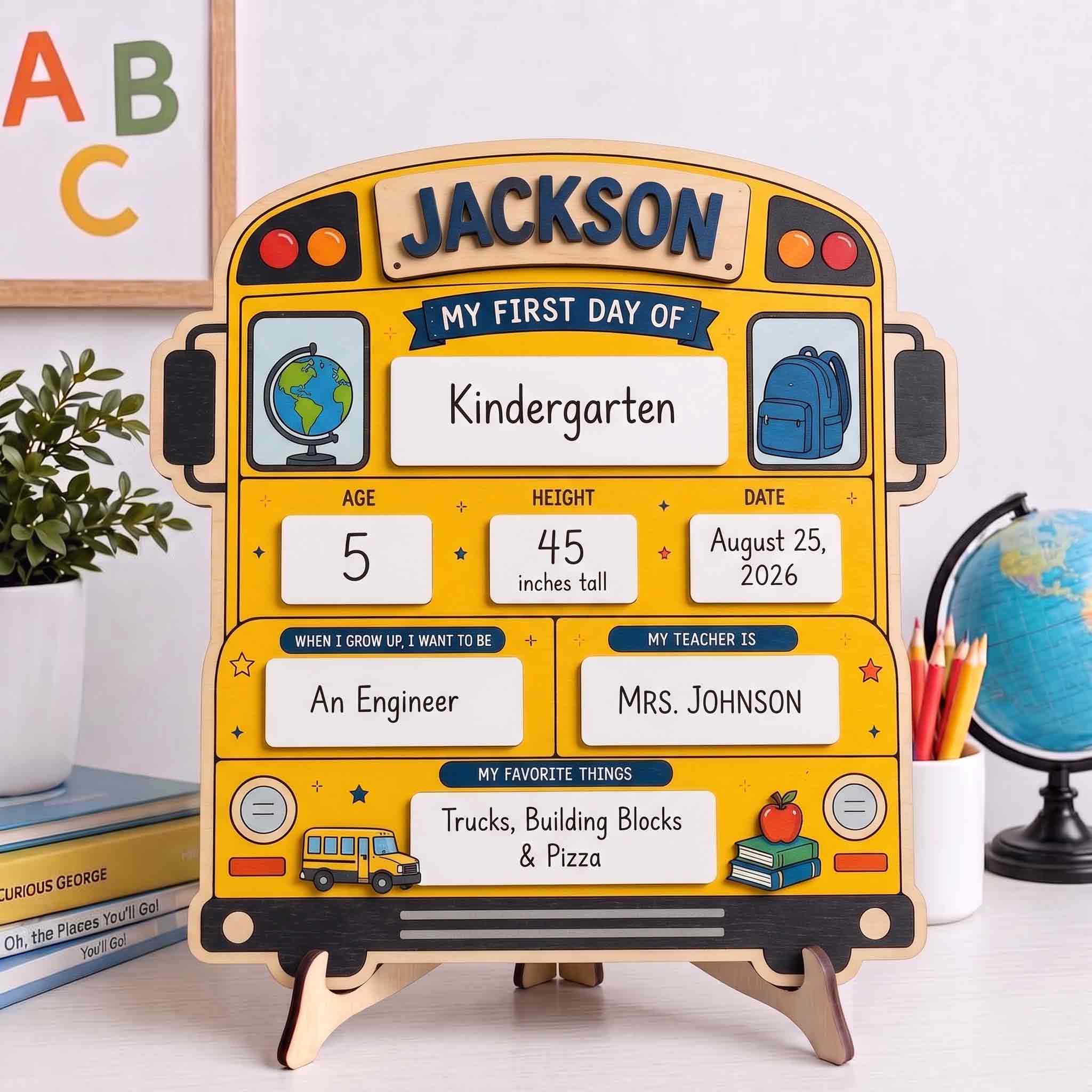 Personalized School Bus Shape First & Last Day School Sign, Reusable Dry Erase Board, Back to School Sign