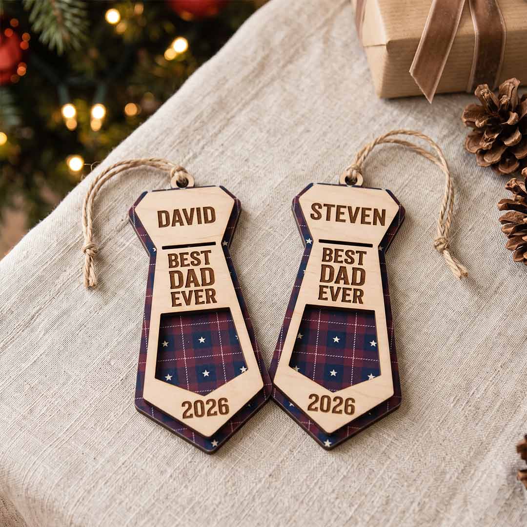 Best Dad Ever Necktie Father Keepsake Personalized Custom Name Family 1-Layer Wooden Christmas Ornament for Dad Gift