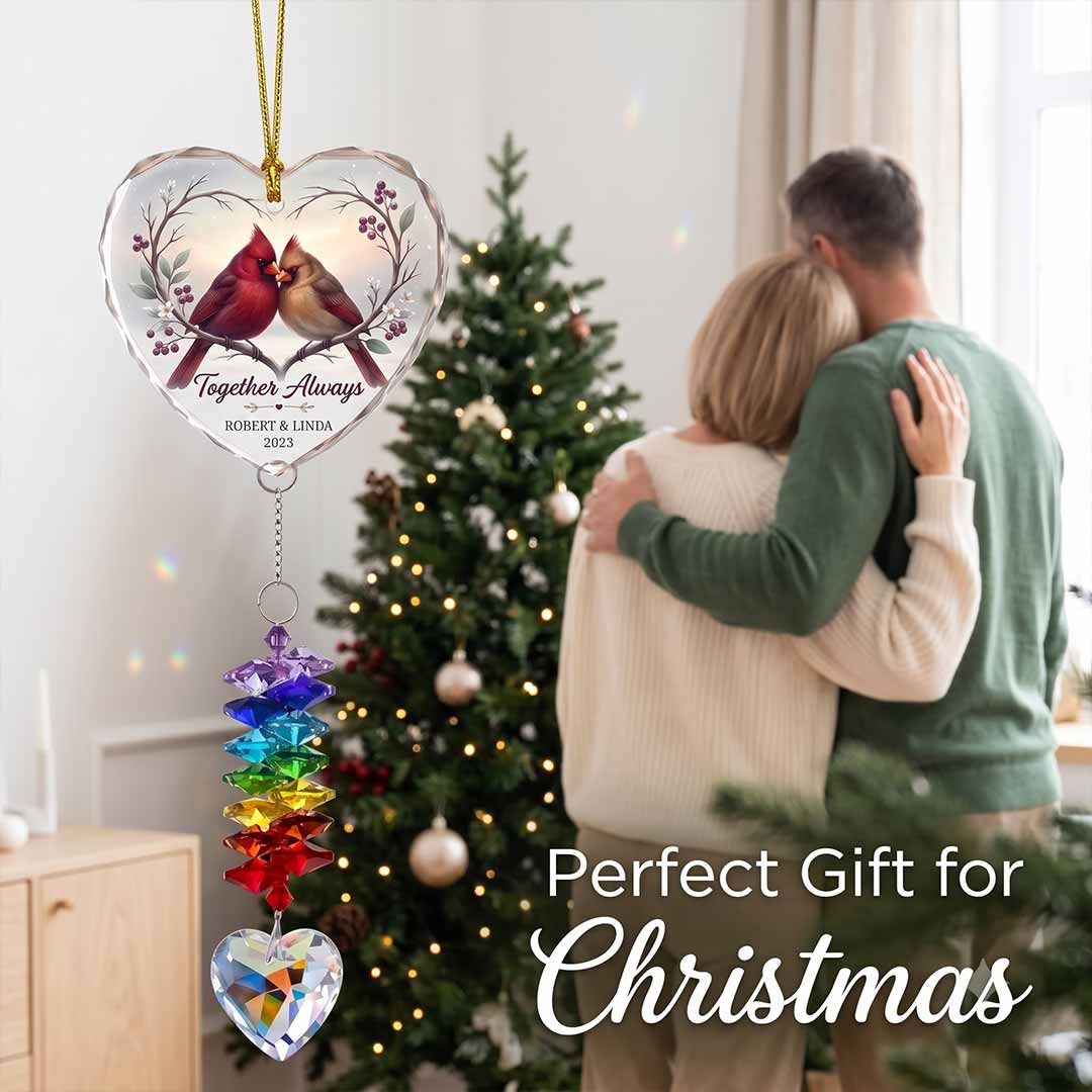Together Always Cardinal Personalized Couple Custom Name Keepsake Heart Glass Christmas Ornament With Crystal Charm