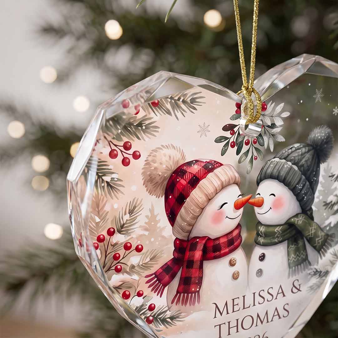 Snowman Couple First Christmas Personalized Couple Custom Name Date Christmas Gift Heart Glass Christmas Ornament