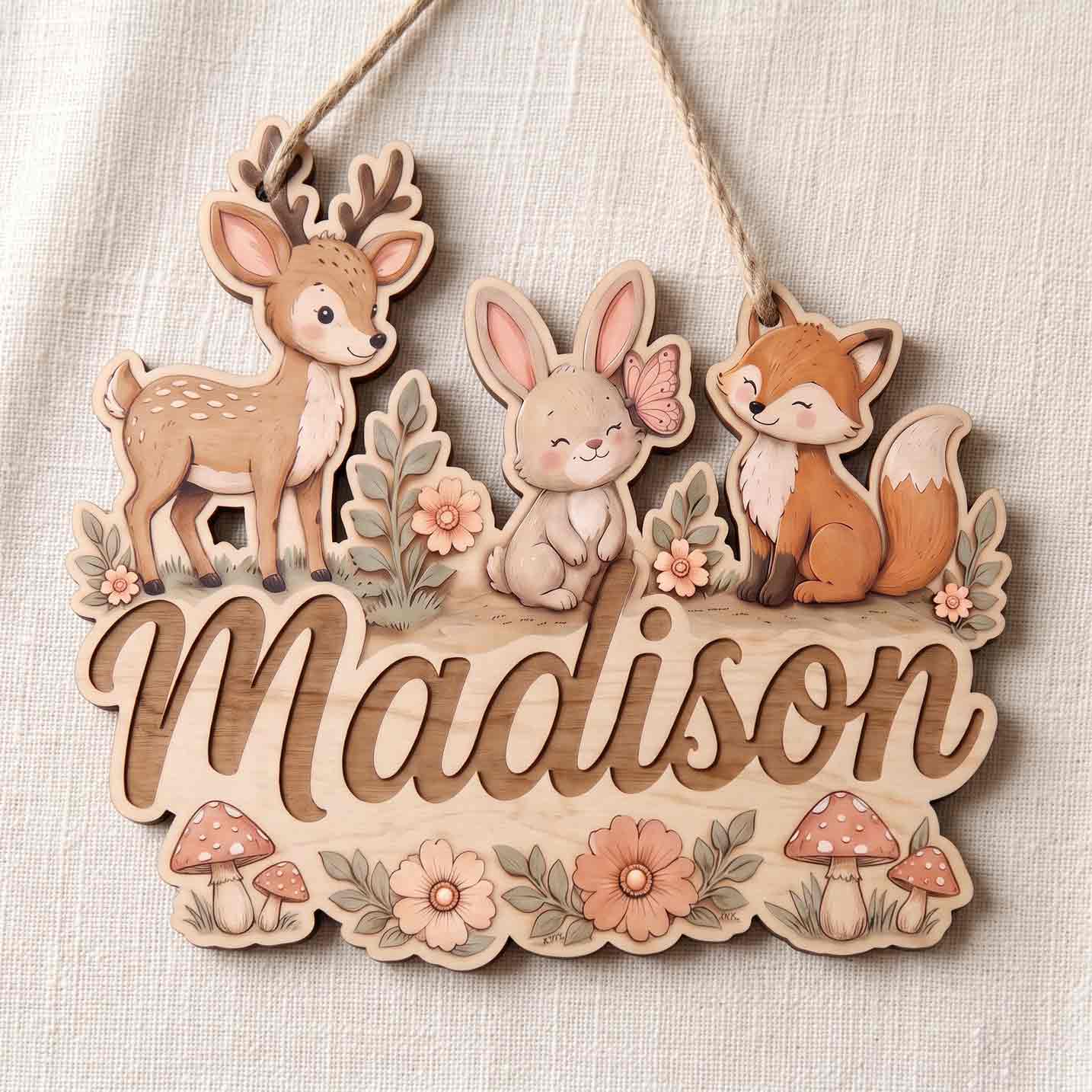 Personalized Forest Animals Nursery Name Wooden Sign