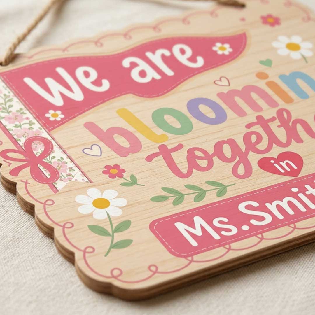 Personalized Teacher Name Wooden Sign Door Hanger We Are Blooming Together In Class  Wooden Classroom Decor, Back to School Sign