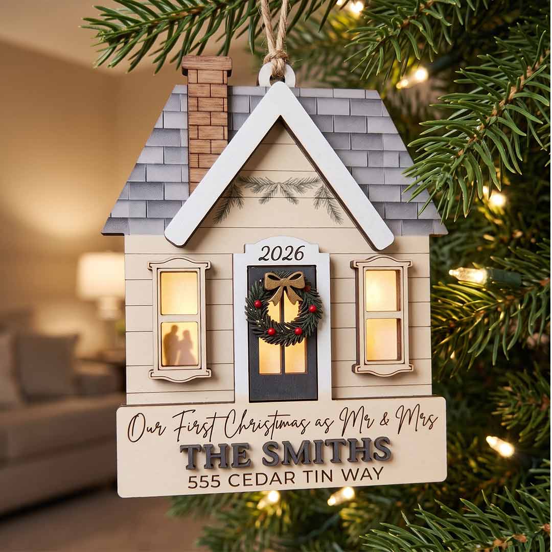 Our First Christmas as Mr and Mrs Personalized Couple Custom Name Date Address Wedding Gift Wooden Christma