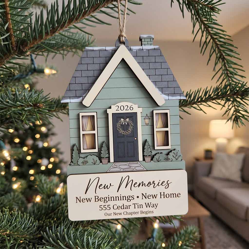 New Home House Wreath Personalized New Home Custom Address Wooden Christmas Ornament