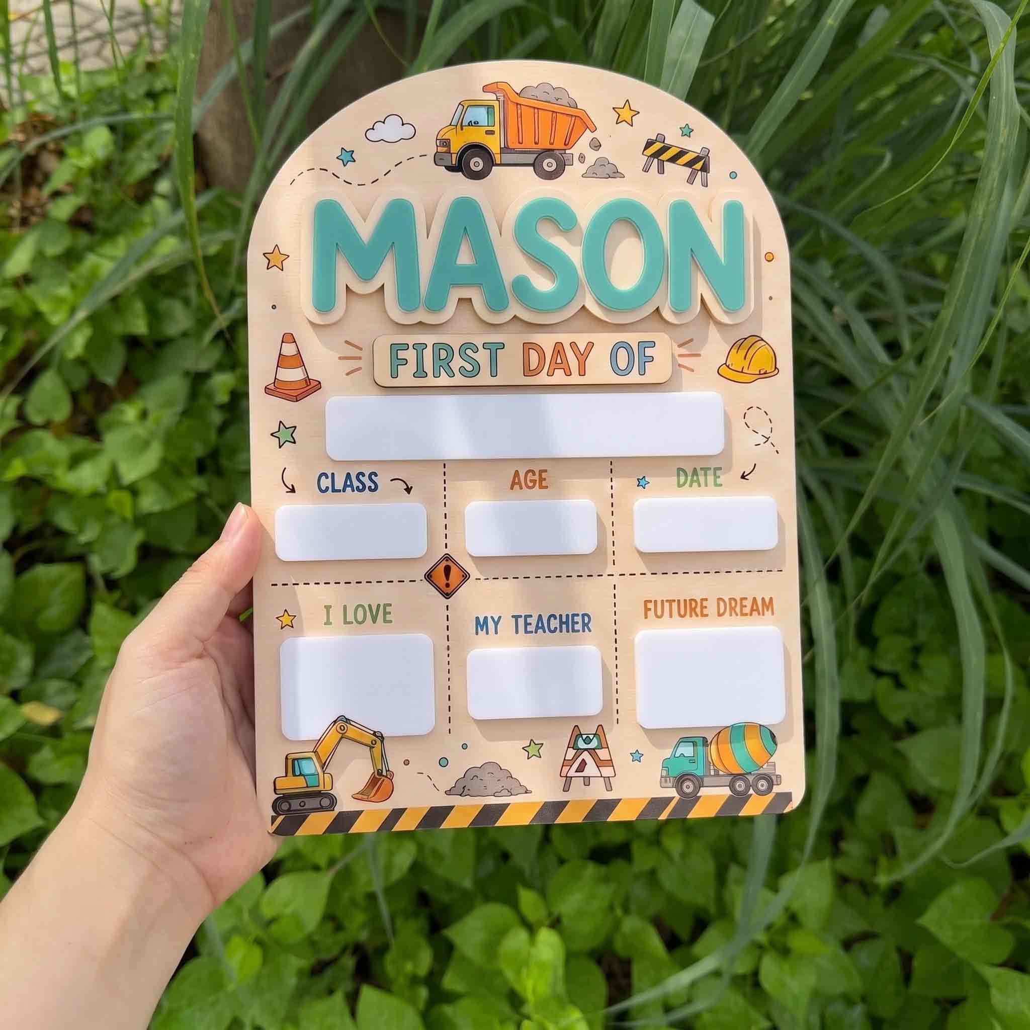Personalized Construction Site Theme First & Last Day School Sign, Reusable Dry Erase Board, Back to School Sign