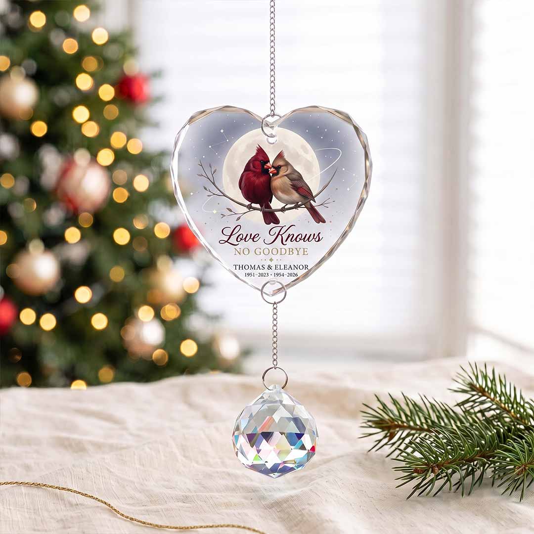 Love Knows No Goodbye Cardinal Personalized Couple Custom Name Date Memorial Keepsake Gift Heart Glass Christmas Ornament With Crystal Charm