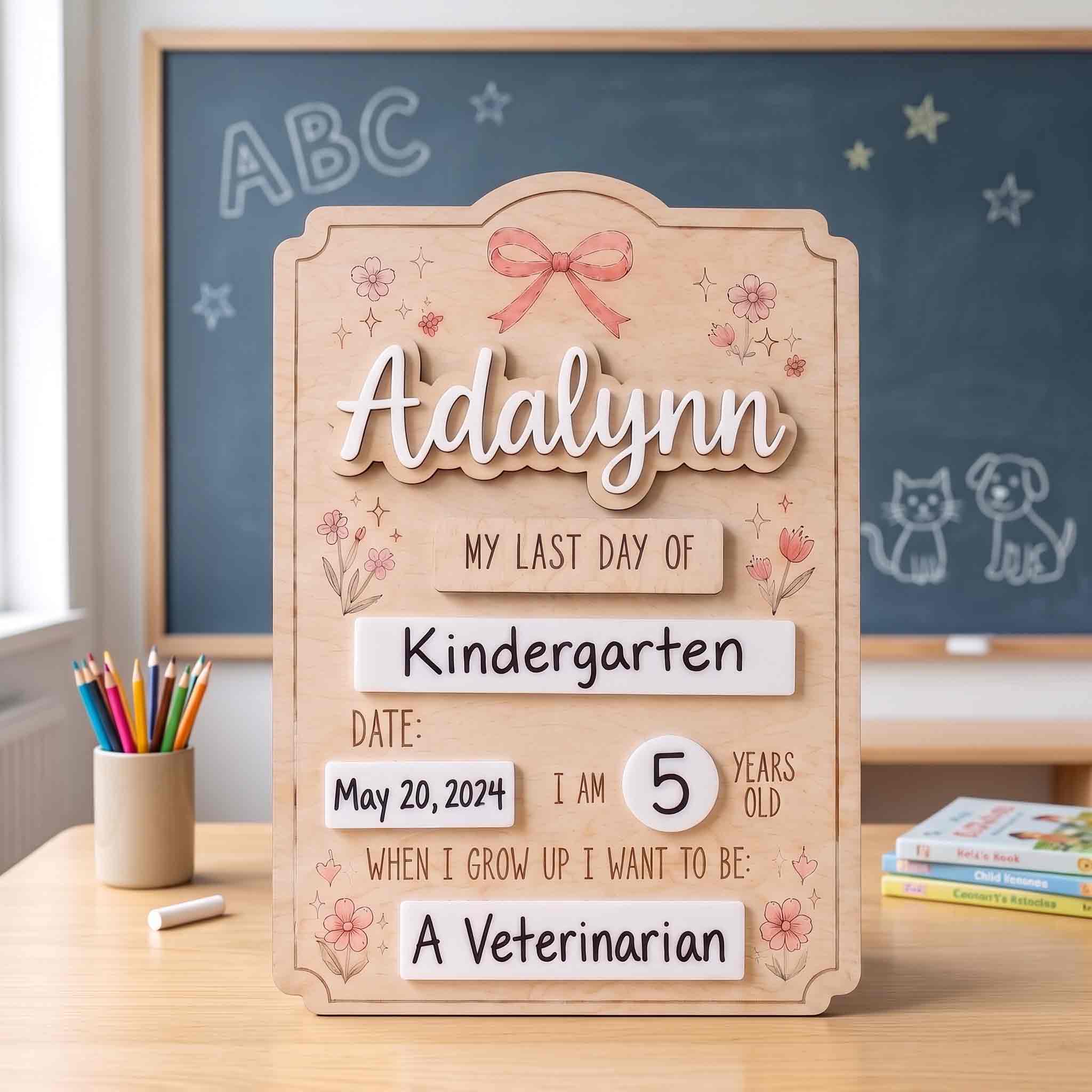 Personalized Bow Floral First & Last Day School Board, Reusable Dry Erase Board, Back to School Sign