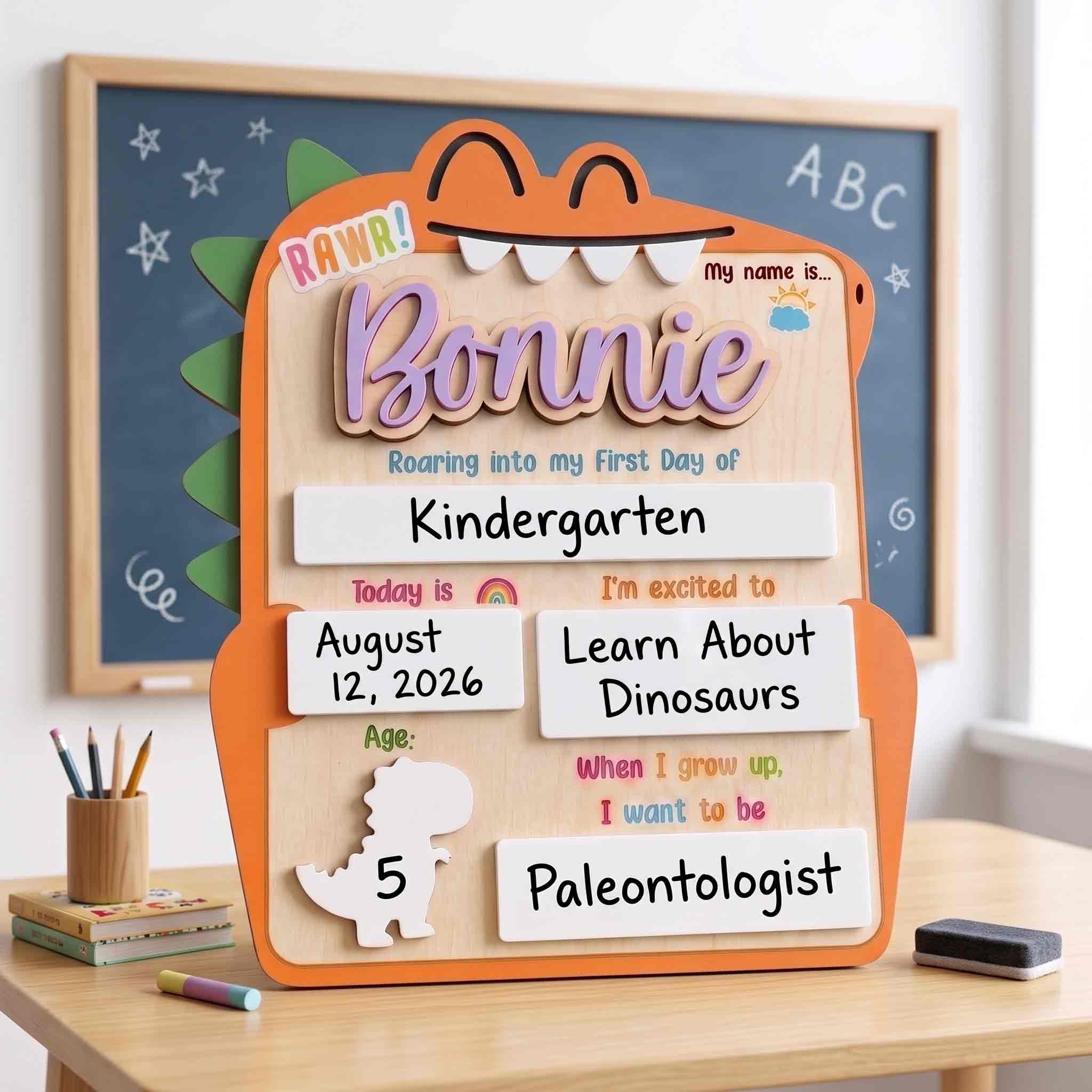 Personalized Cute Dinosaur First Day School Board, Reusable Dry Erase Board, Back to School Sign