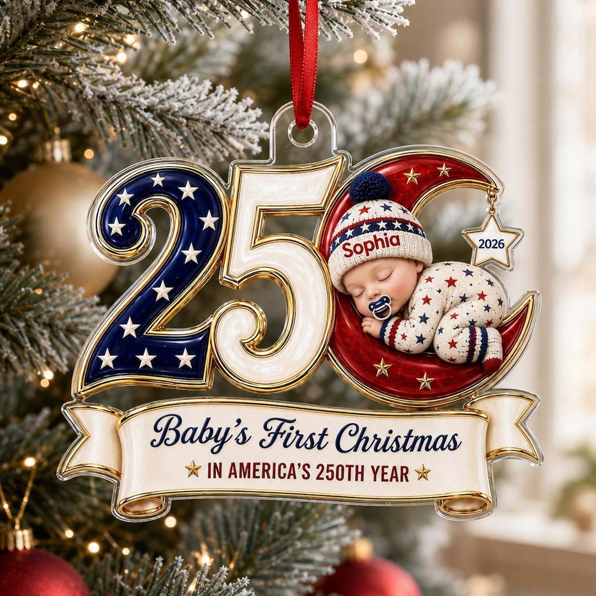 250 Moon Sleeping Baby America's 250th Year Custom Name Baby's First Christmas Acrylic Christmas Ornament Patriotic