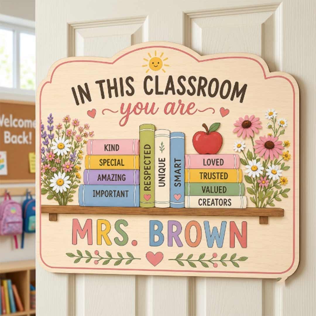 Personalized Flower Bird Teacher Name Wooden Sign Door Hanger Positive Affirmation Teacher Door Hanger Wooden Classroom Decor, Back to School Sign