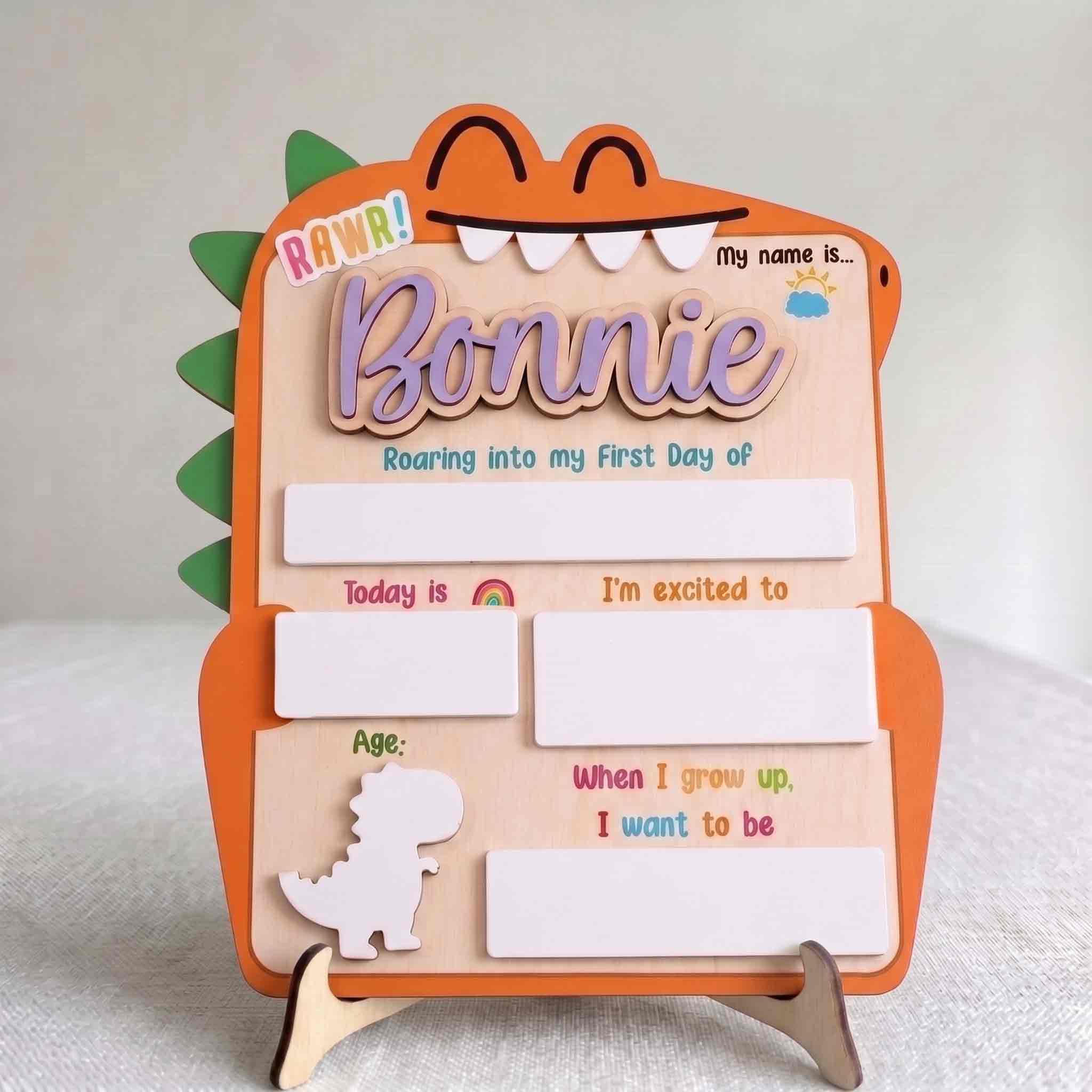 Personalized Cute Dinosaur First Day School Board, Reusable Dry Erase Board, Back to School Sign